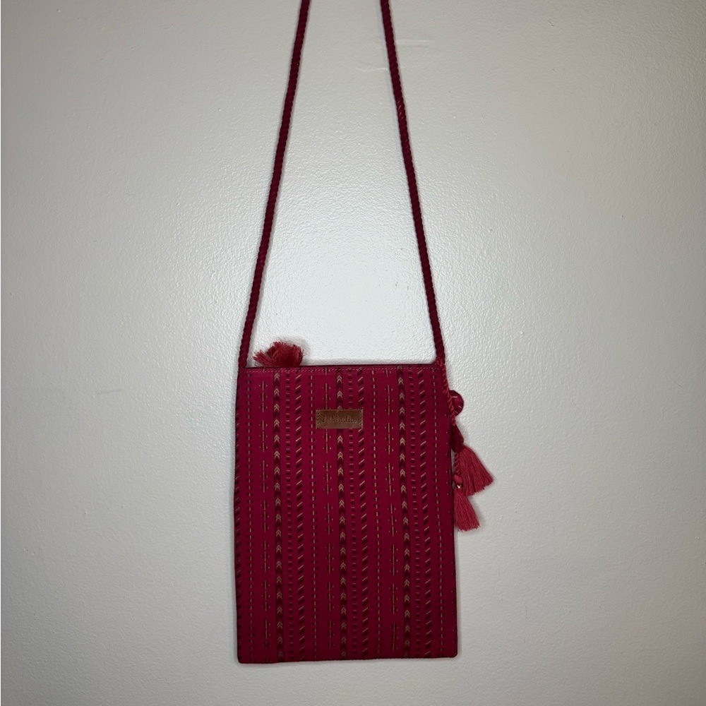 Fabindia Boho Crossbody Bag Pink Pattern Tassel Small Pouch Travel Bag