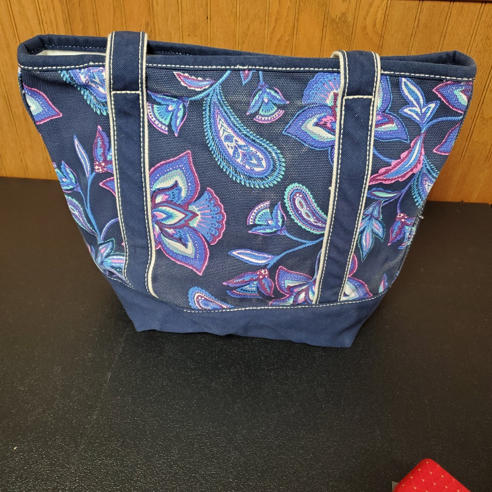 Lands’ End 5 Pocket Open Top Canvas Tote Bag 16×13 Navy Paisley