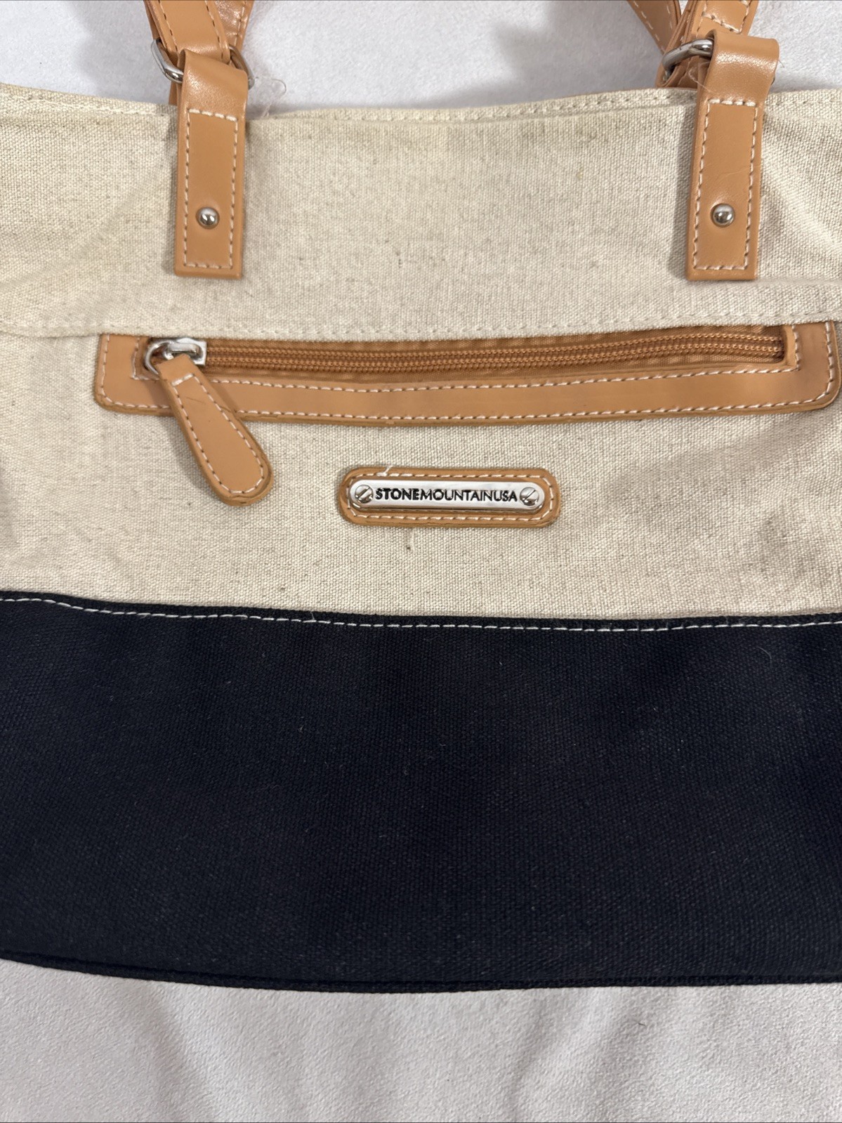 Stone Mountain Purse Beige Black Shoulder Straps Canvas 12” X 9”