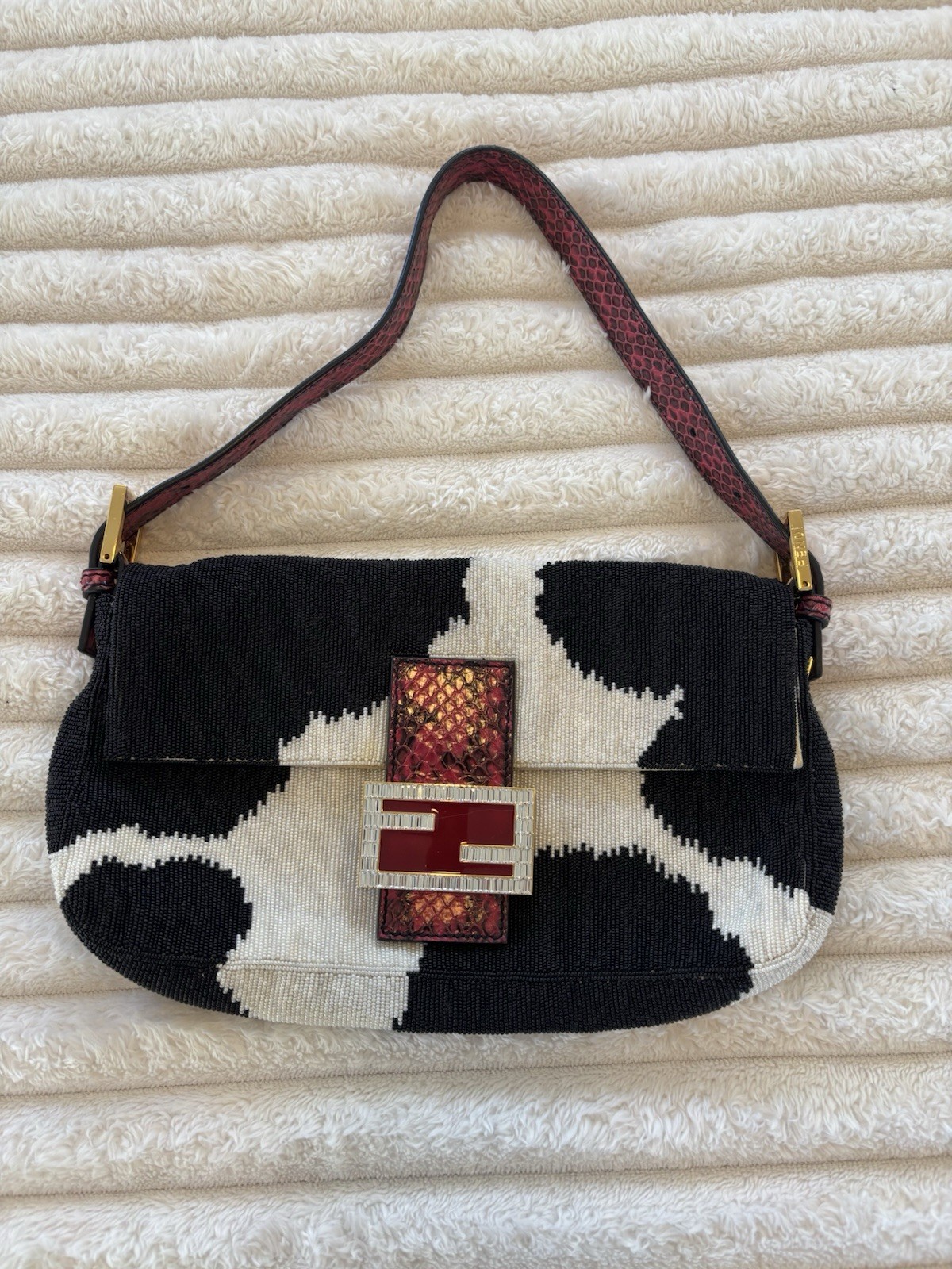 Black & White Cow Print Crescent Shoulder Bag Clasp Closure Gold Hardware