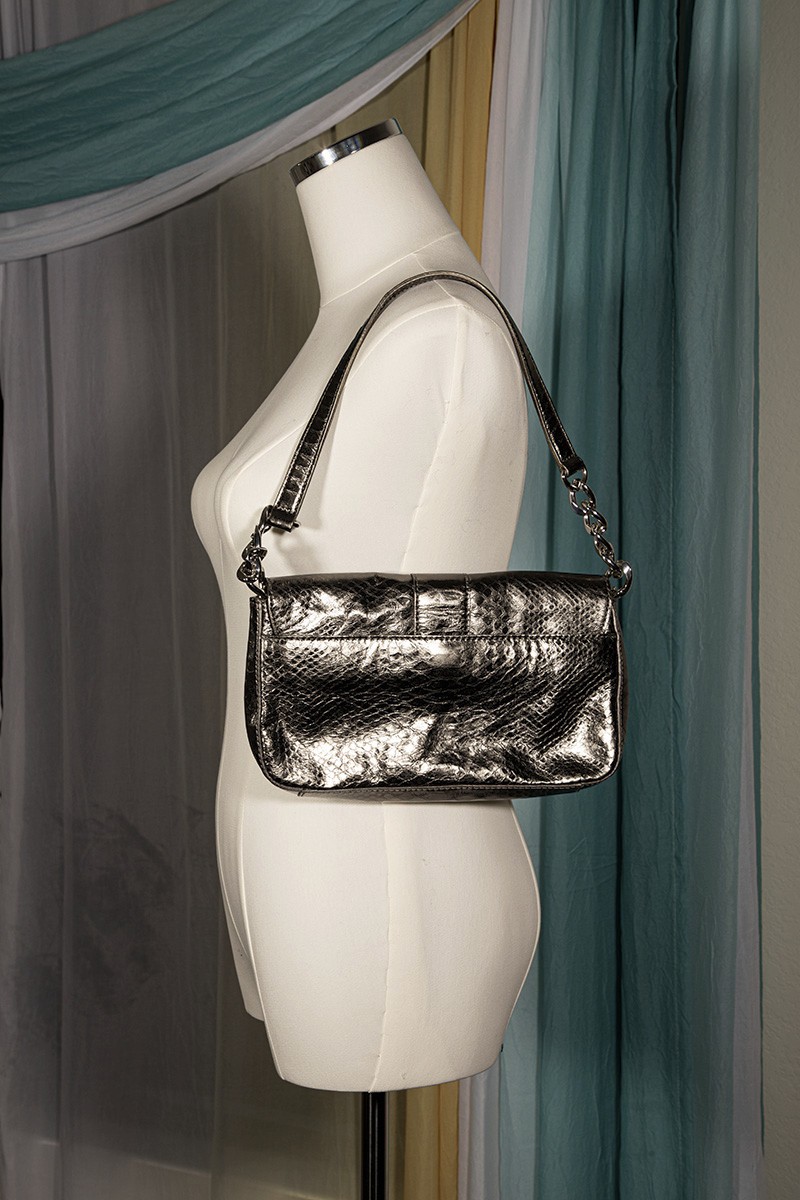Michael Kors Snakeskin Metallic Grey Python Embossed Italian Leather Purse Bag