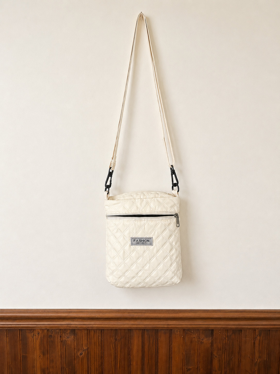 Cream Quilted Crossbody Bag Zip Casual Purse With Front Zipper Pocket