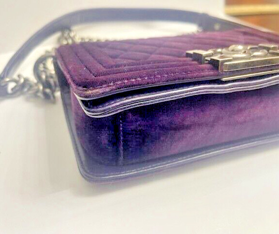 CHANEL Small LE BOY Purple Silver Chain Small Velvet Lambskin Bag Crossbody