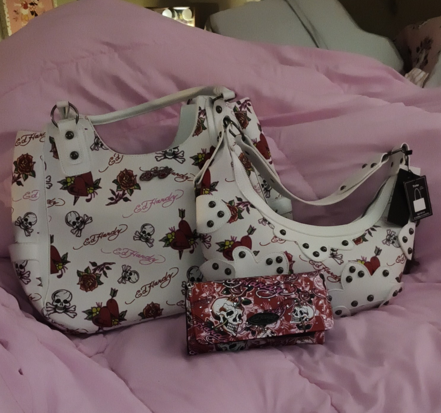 Ed Hardy White Skull Rose Heart Print SET. Should Bag Large Tote And Wallet
