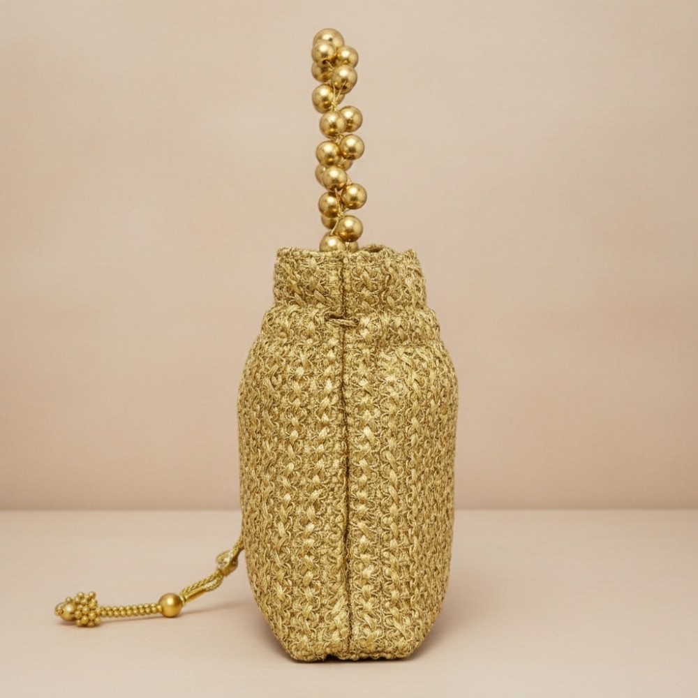 HUNAR-Gold Beaded Evening Bag 8.4x9in Drawstring Party Wedding Handbag Purse
