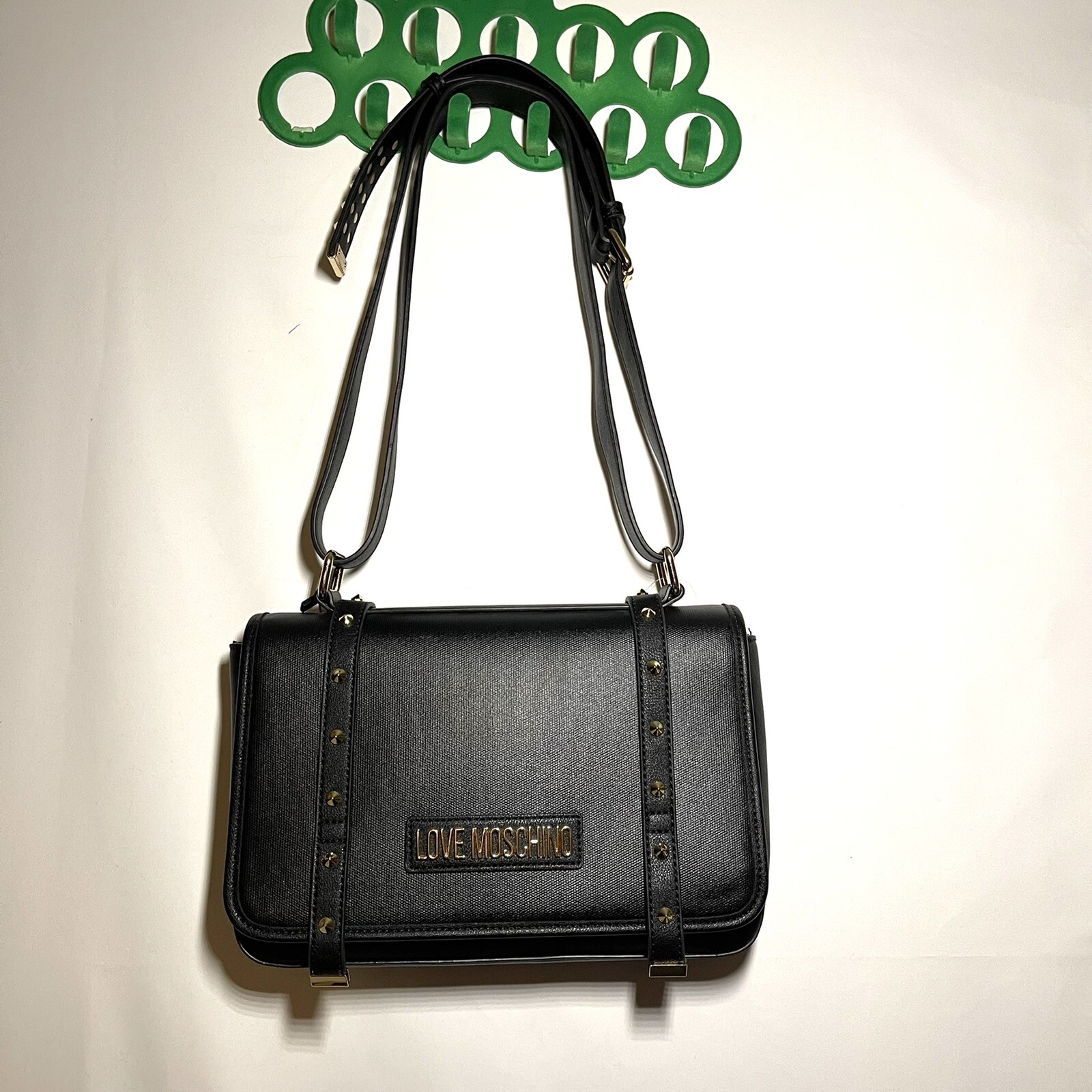 New Love Moschino Designer Nero Borsa Canvas Crossbody Black Gold Purse Handbag