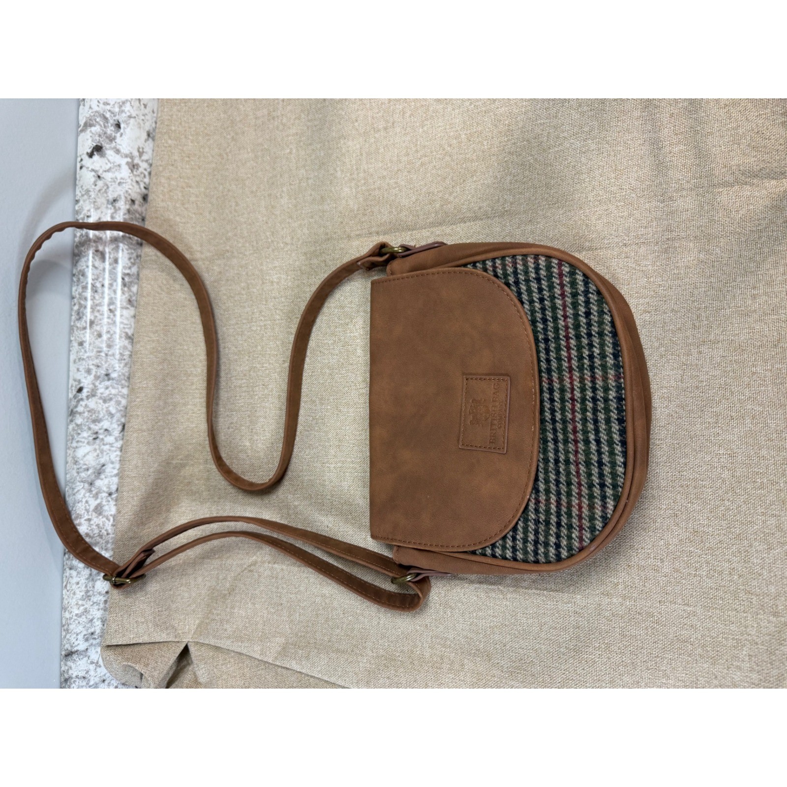 British Bag Company Brown Faux Leather Tweed Plaid Crossbody Saddle Bag Small