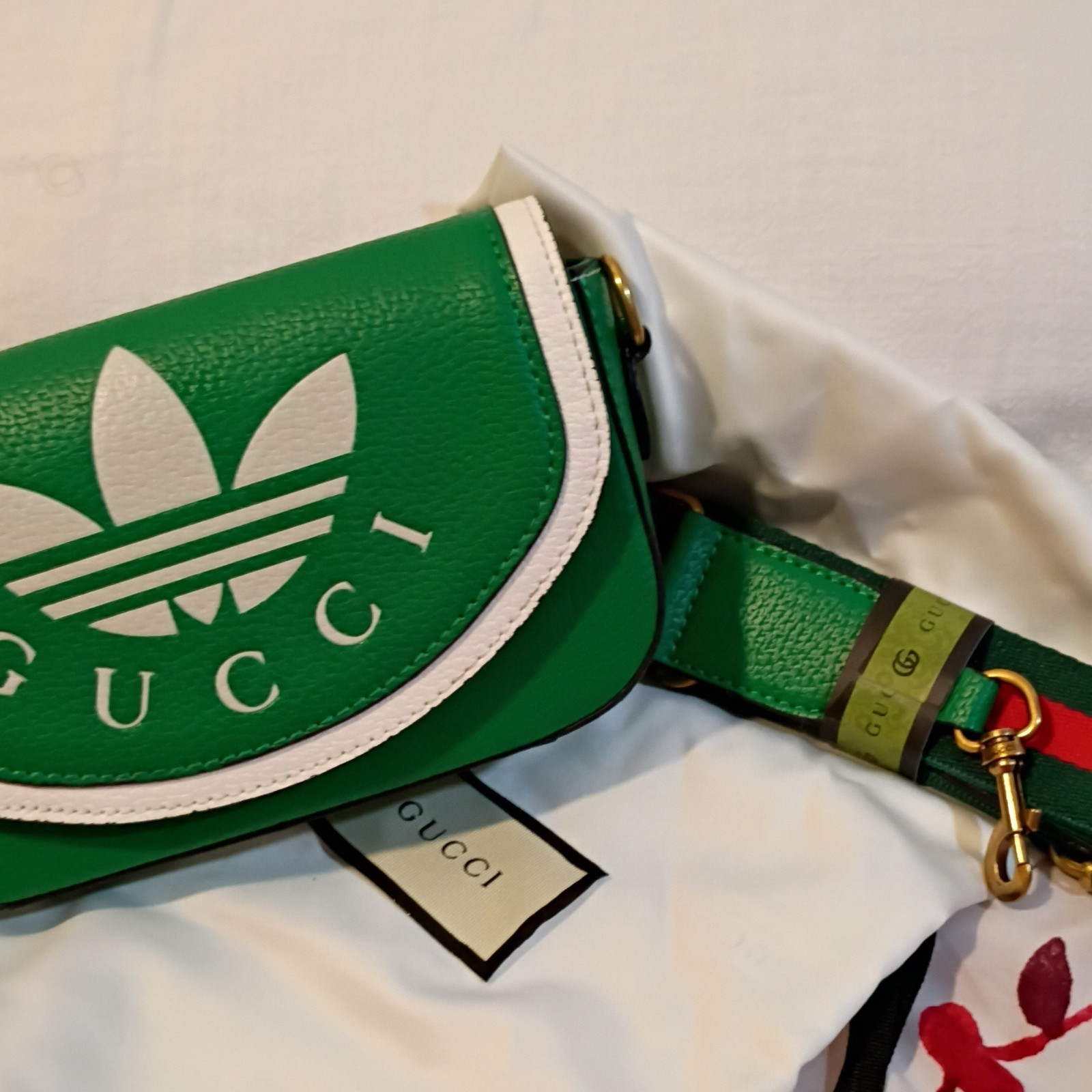 Gucci x Adidas Green & White Small Crossbody Bag Magnetic Closure Dust Bag