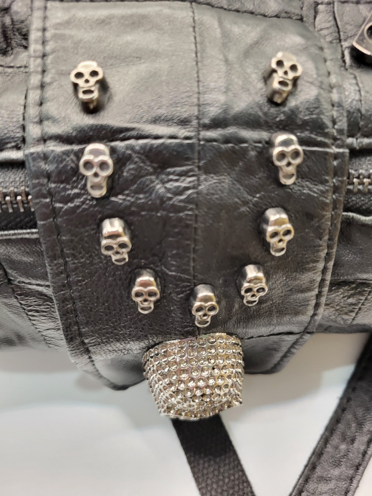 MG Collection Skull Studded Fringe Beads Handbag Punk Gothic Black Leather CLEAN