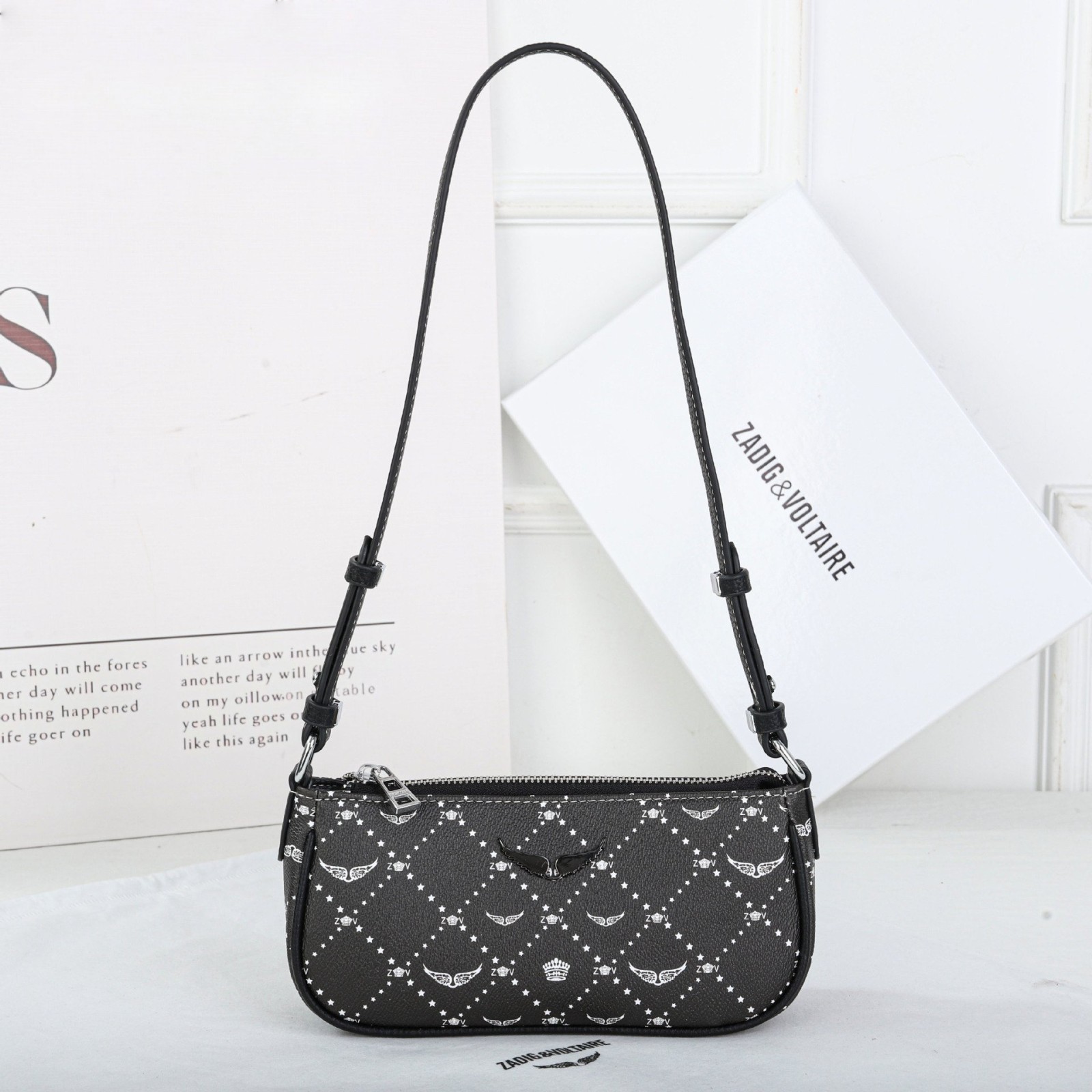 Zadig & Voltaire Black Monogram Leather Shoulder Bag Adjustable 22x6x11cm