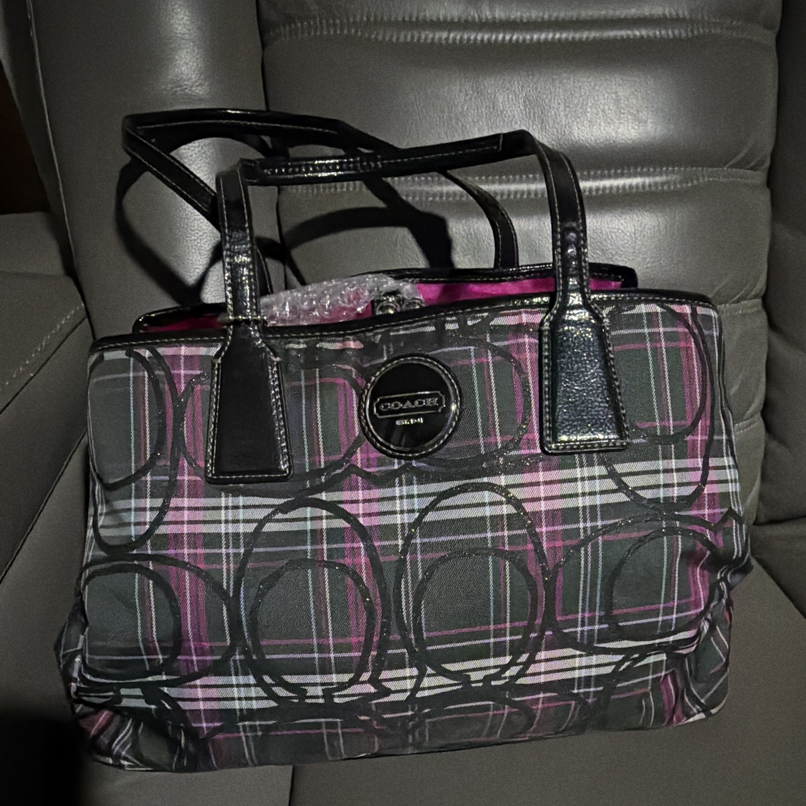 Coach Signature Plaid Kiss Lock Satchel Top Handle Bag Medium Black Pink Gray