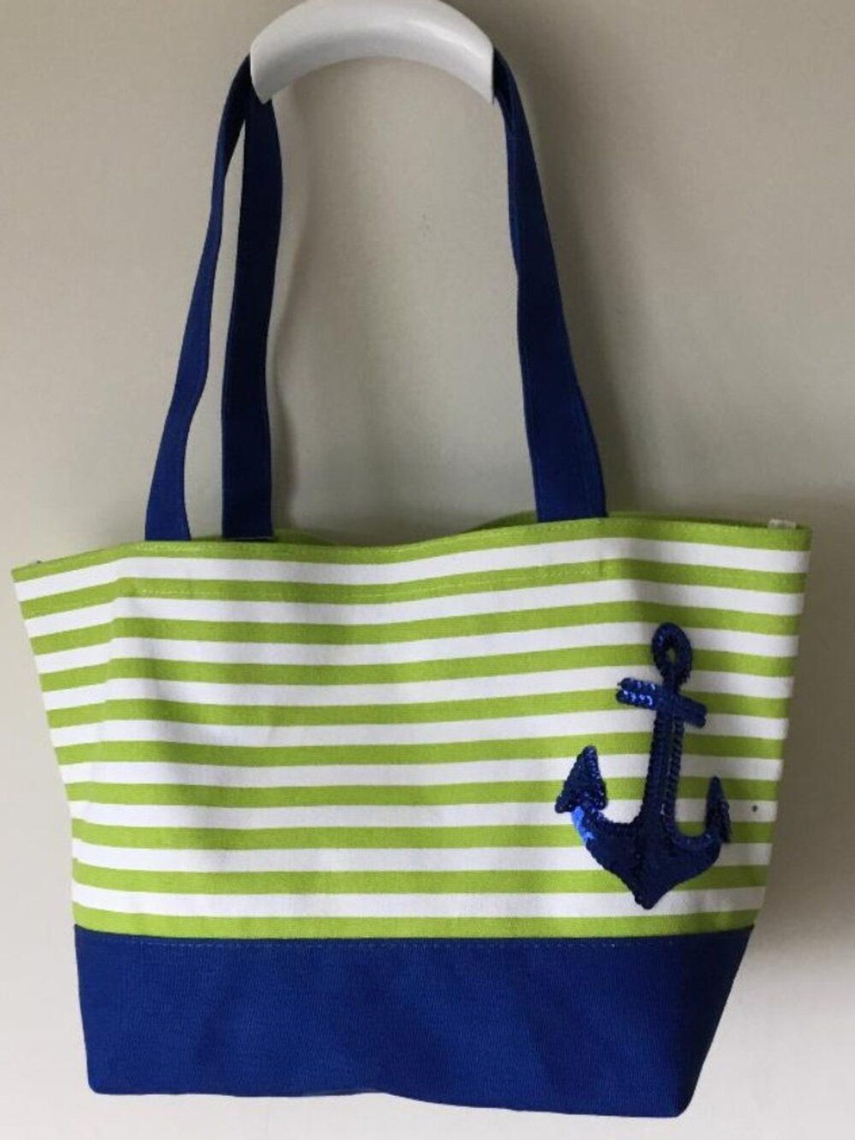 Quacker Factory Nautical Beach Bag Tote with Blue Sequined Anchor Accent NWOT