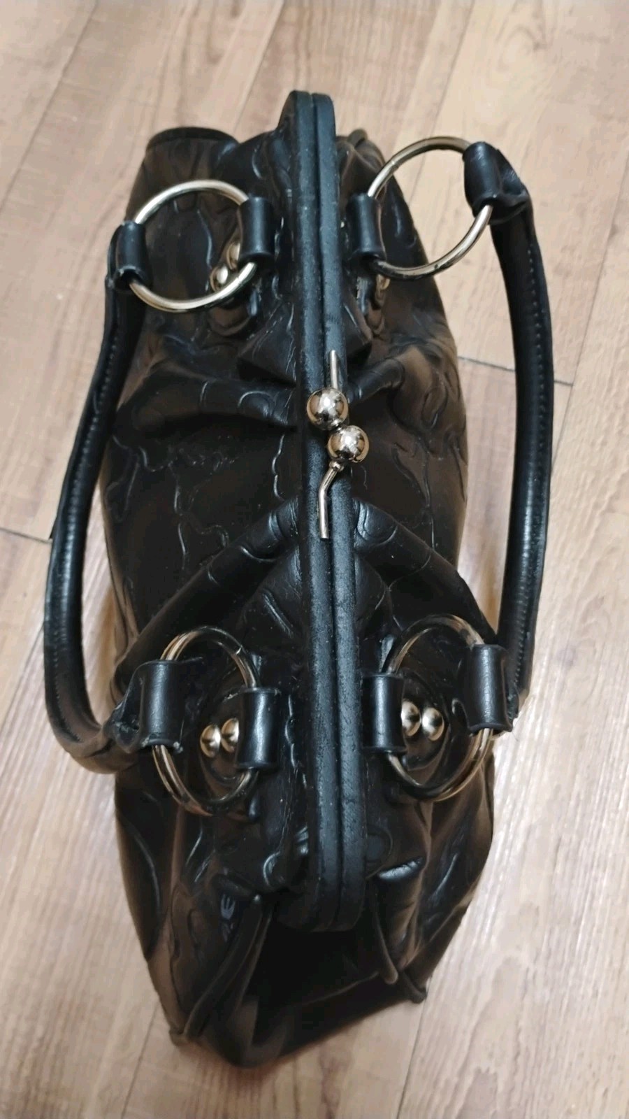 Lux De Ville Black Soft Leather Embossed Skulls Clutch Style Purse Rare