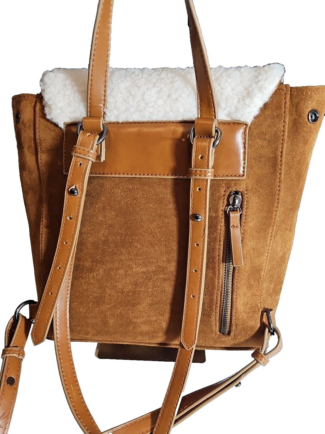 BEARPAW Backpack Bag Brown Faux Suede Shearling Flap Women’s Purse 10in X 9.5in