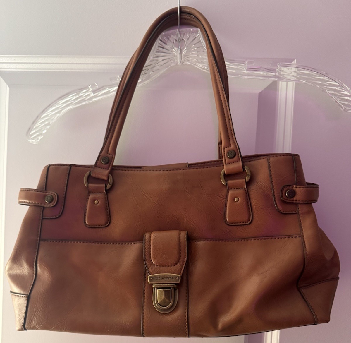 Liz Claiborne Brown Satchel Buckle Accent Bronze Hardware Push Lock