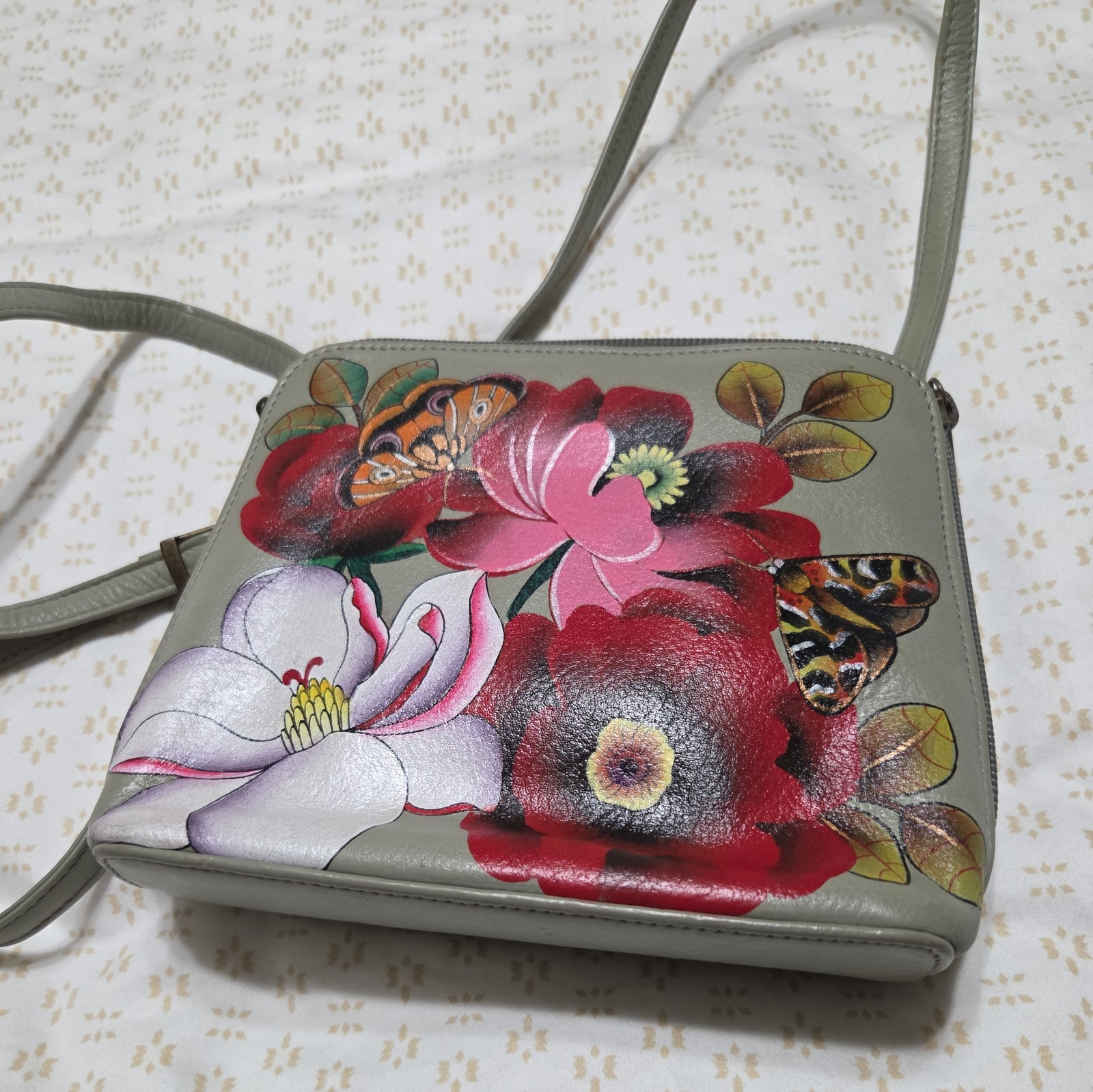 Anuschka Hand Painted Leather Crossbody Handbag ~~ Flowers & Buterfly