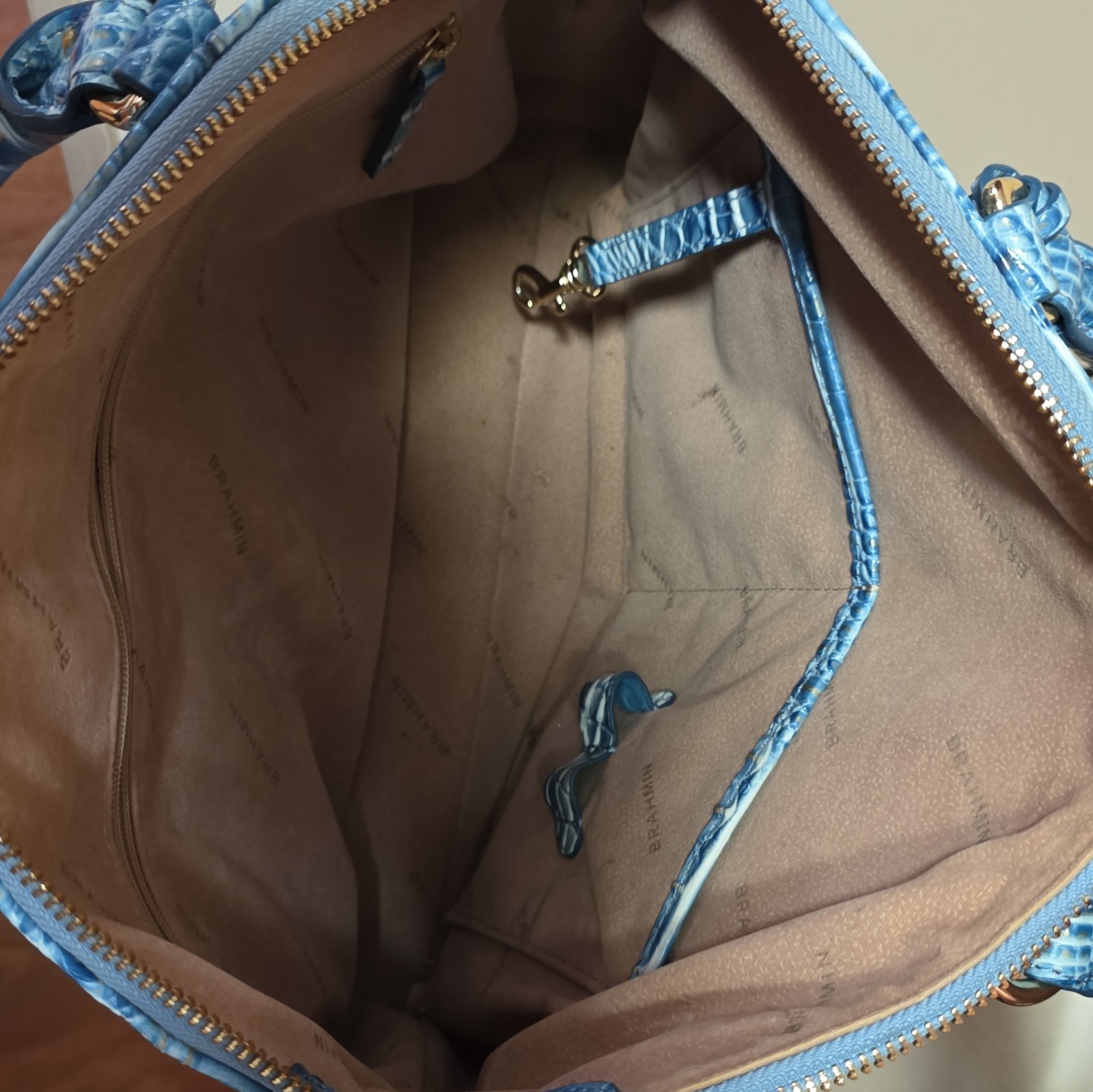 Brahmin Blue Embossed Croc Large Satchel Top Handle Zip, Gold Hardware
