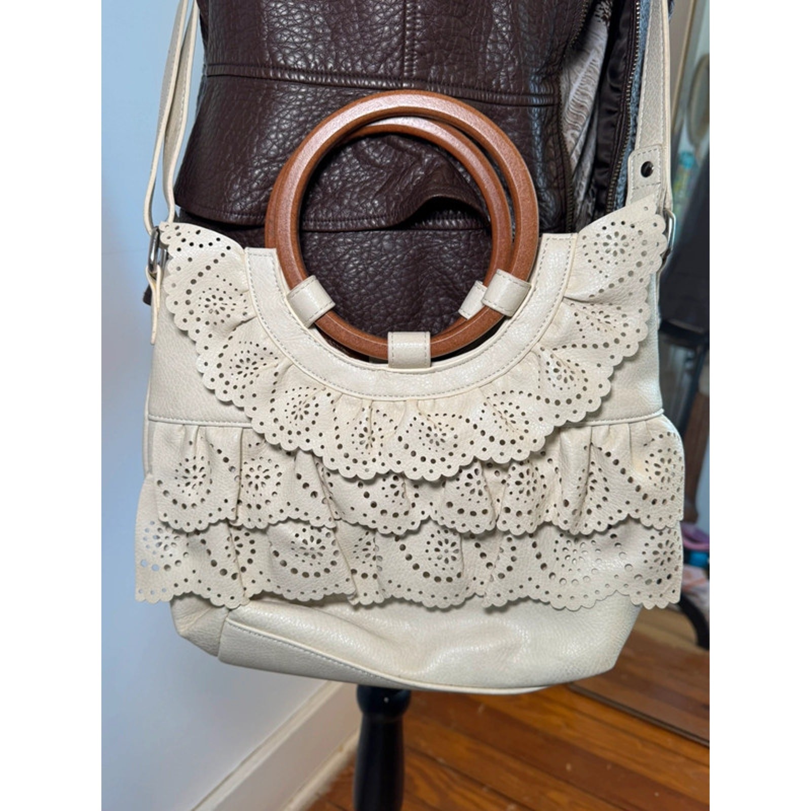 Leather white ruffle cottage core wood circle handle crossbody Festival Y2k 90s