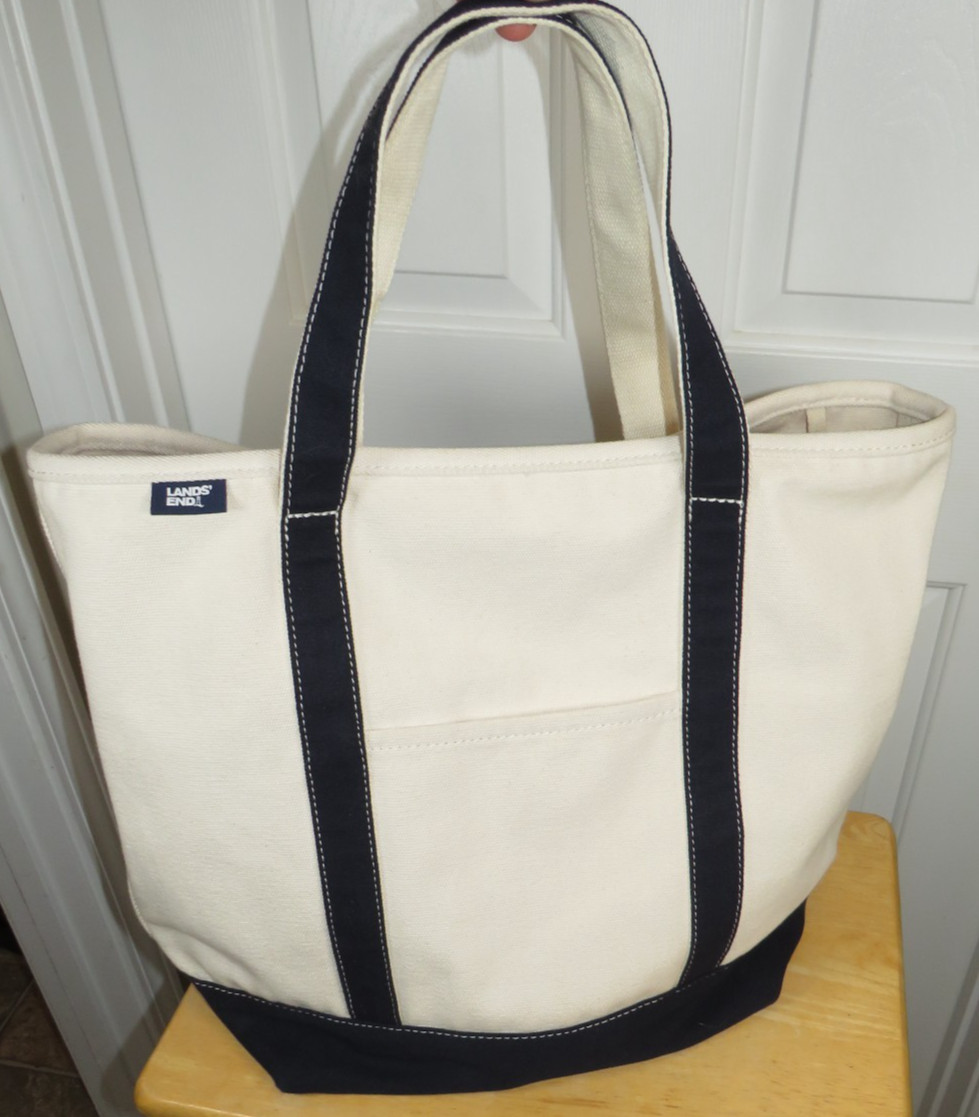 LANDS END Canvas Boat Tote Bag XL Open Top 21”x16”x9” Natural/Navy Logo*