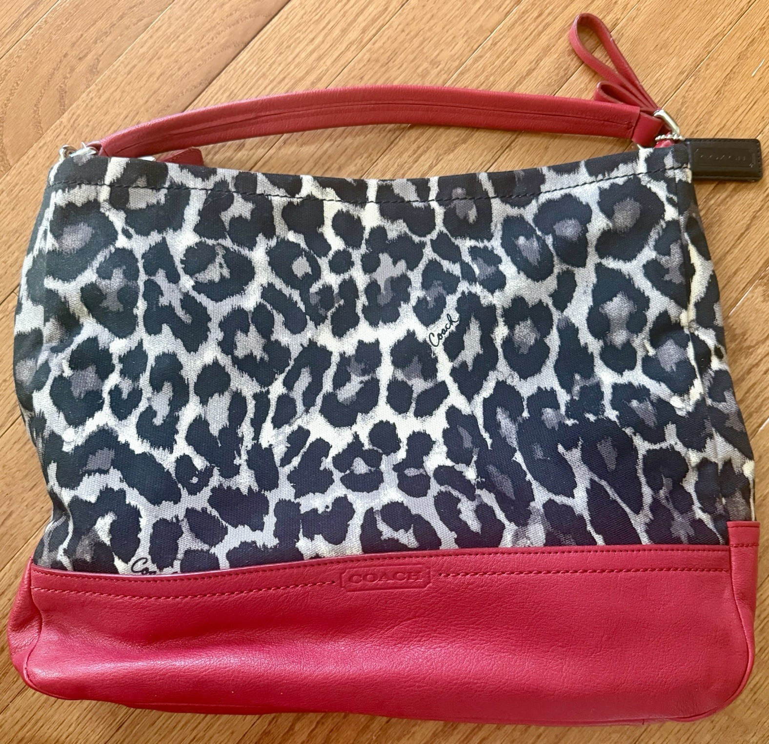 Coach Ocelot Leopard Animal Print Hobo Bag Zip Lined Red Trim Gold Hardware