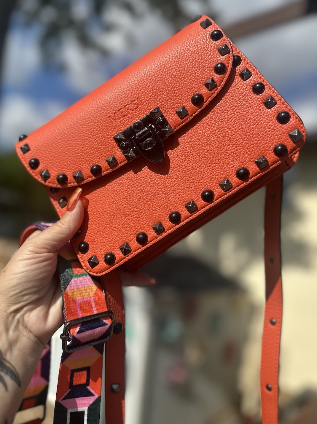 Mersi Orange Crossbody Vegan Pebble Leather Gunmetal Trim 2 Straps Included