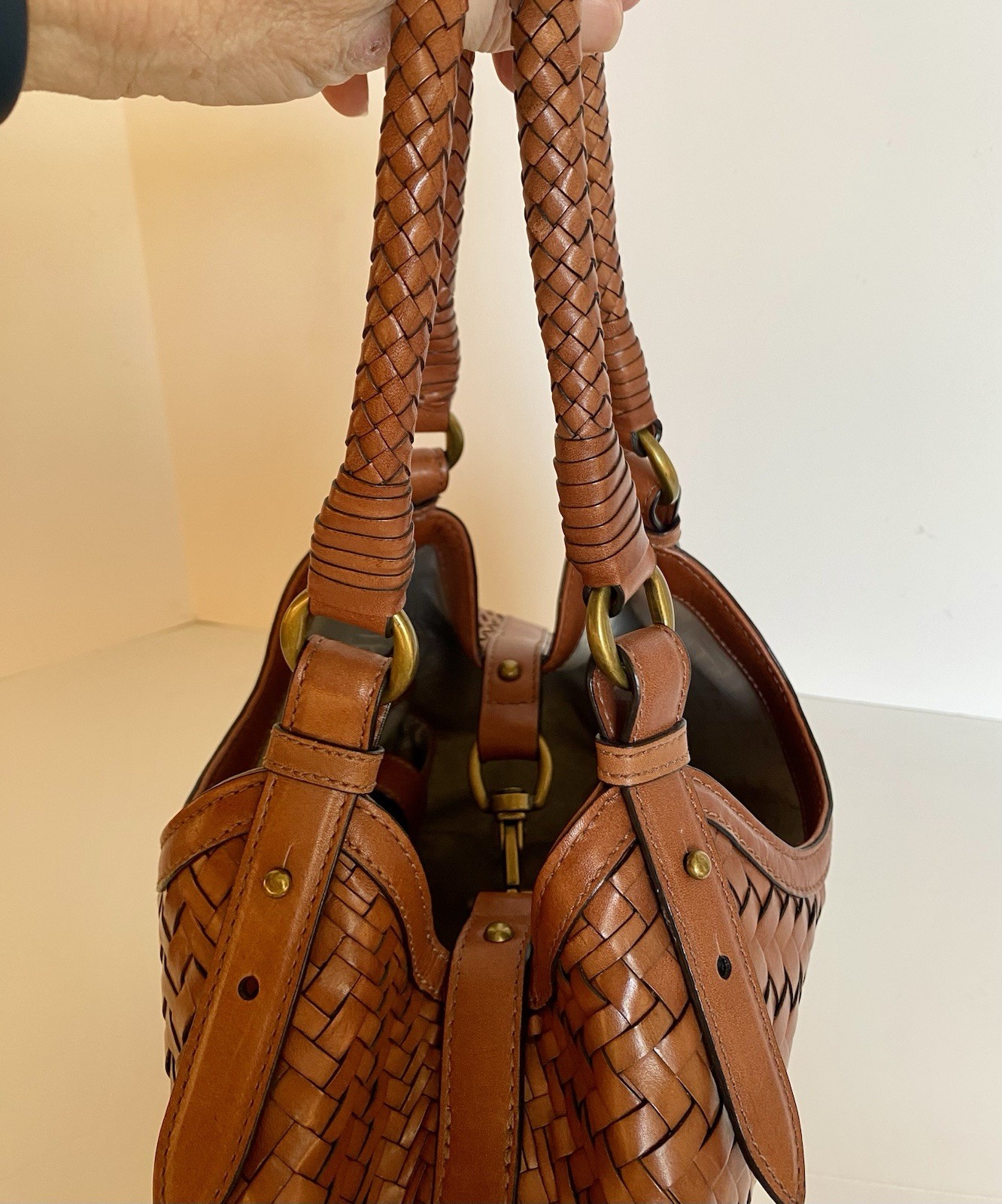 Cole Haan Genevieve Woven Leather Small Triangle Tote Cognac Saddle EUC – $450