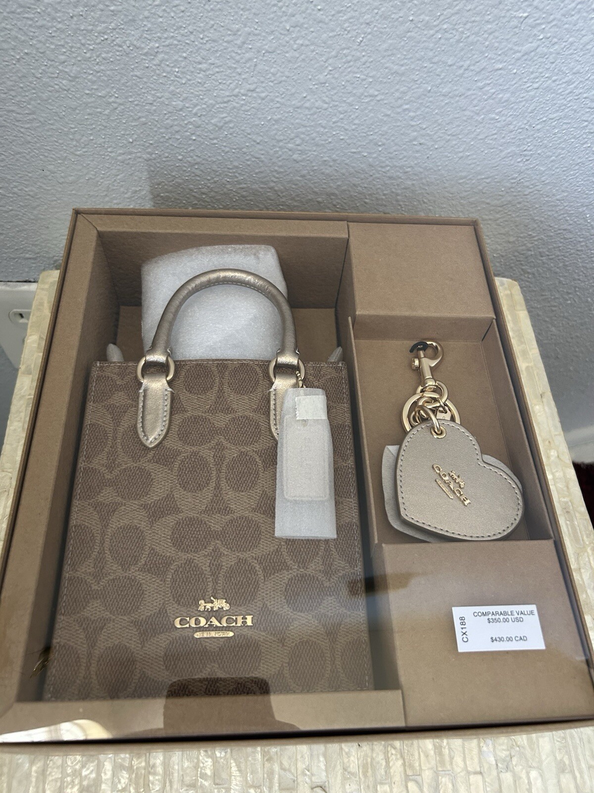 COACH Boxed Mini Tote Bag And Mirror Bag Charm Set In Signature Canvas CX188