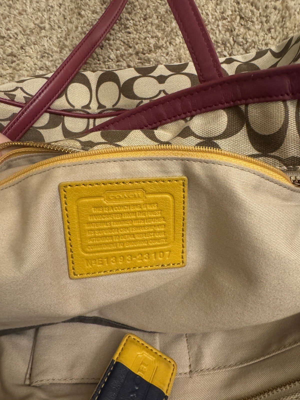 Coach Signature Logo Large Zip Top Tote Beige/Brown Purple Trim Lined Pockets