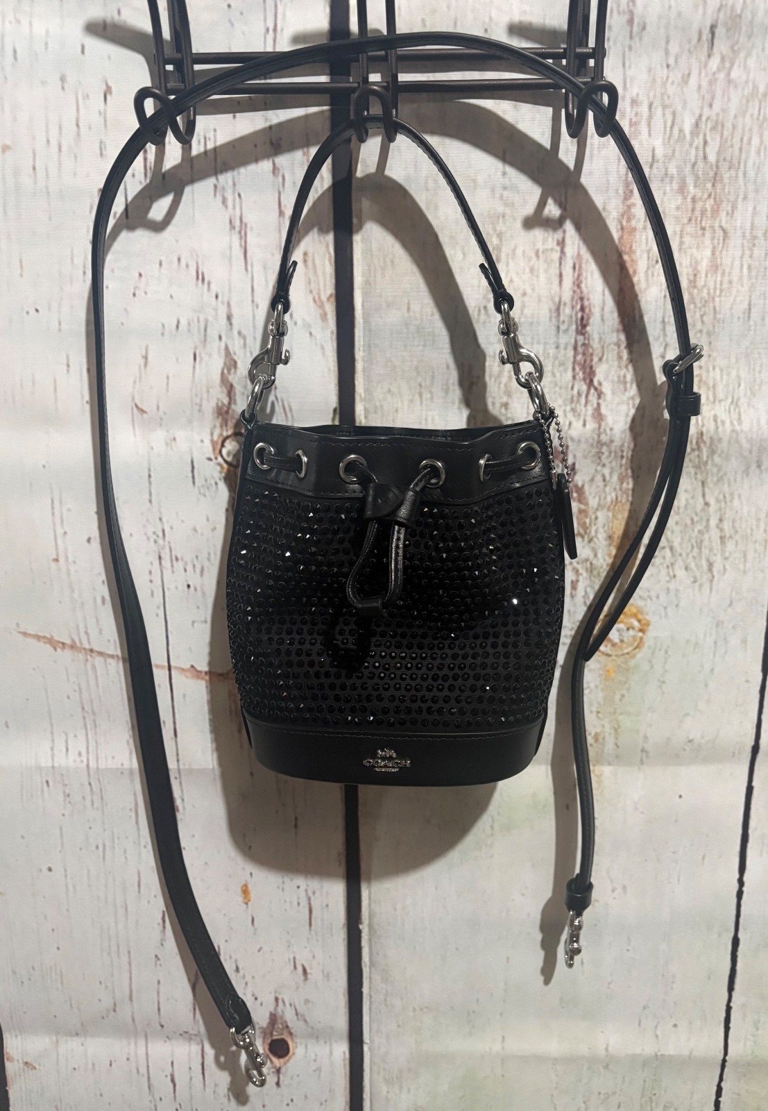 Coach Black Crystal Embellished Leather Bucket Bag with Adjustable Strap CX213