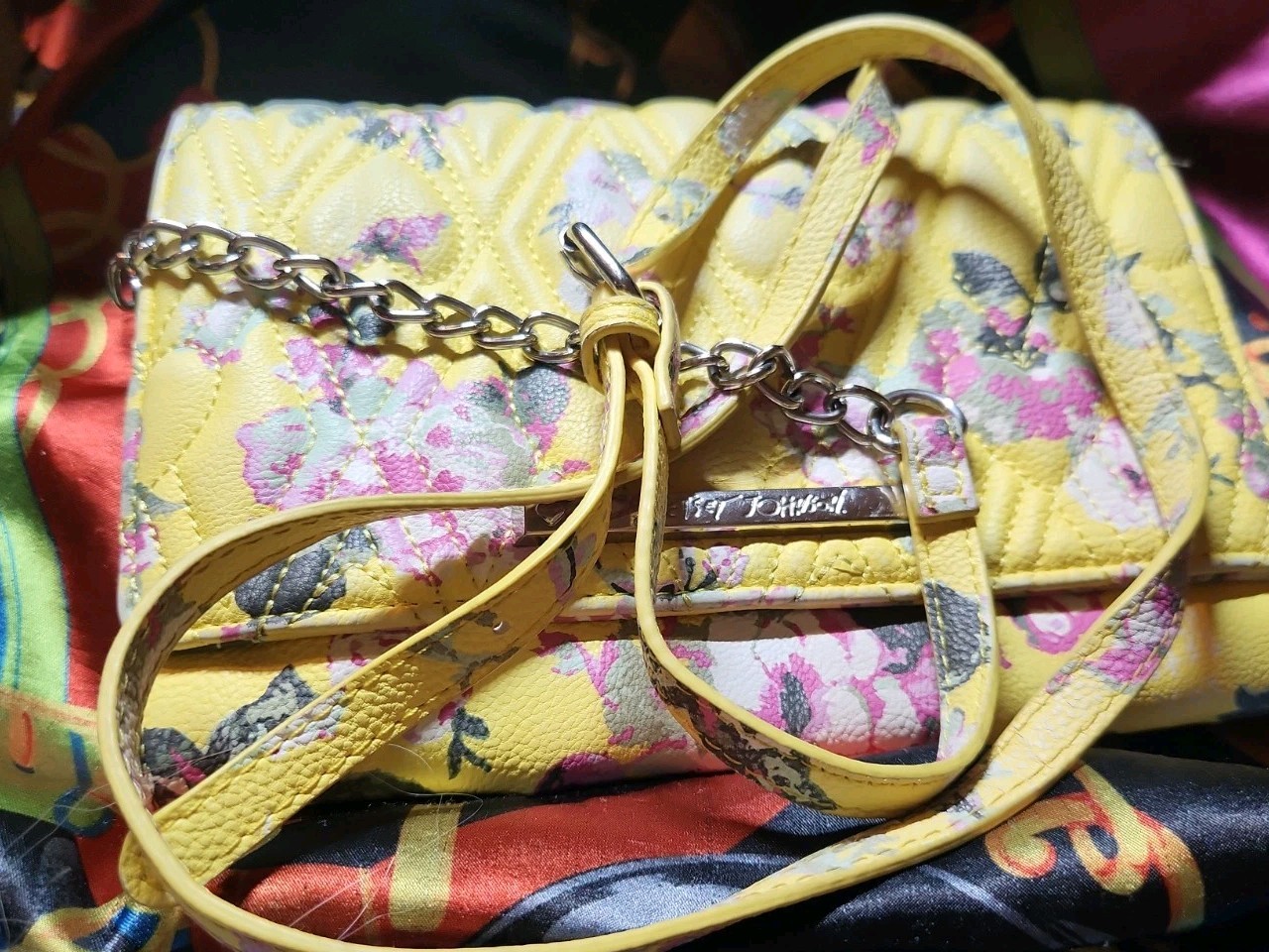 Betsey Johnson Floral quilted crossbody wallet on a string bag