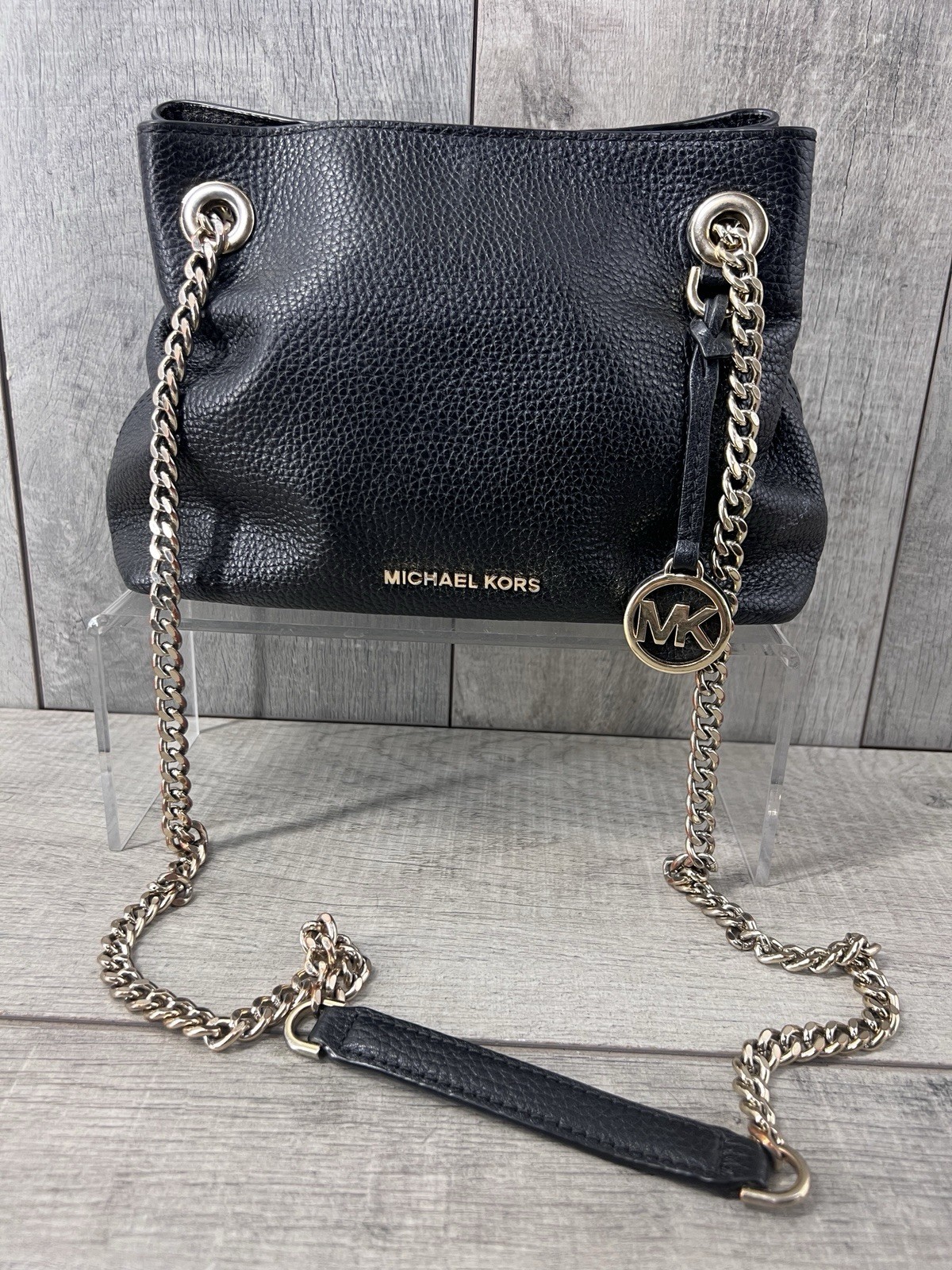 Michael Kors Jet Set Leather Chain Strap Shoulder Bag Handbag Purse Black/Gold