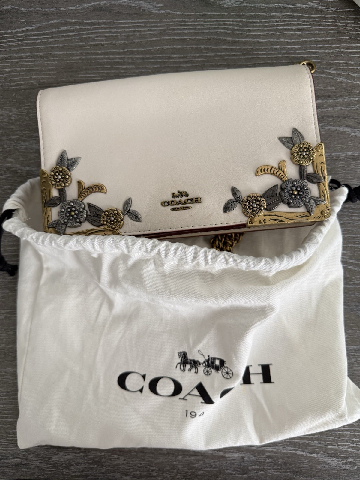 Coach 1941 Callie Foldover Chain Clutch With Metal Tea Rose – detachable strap