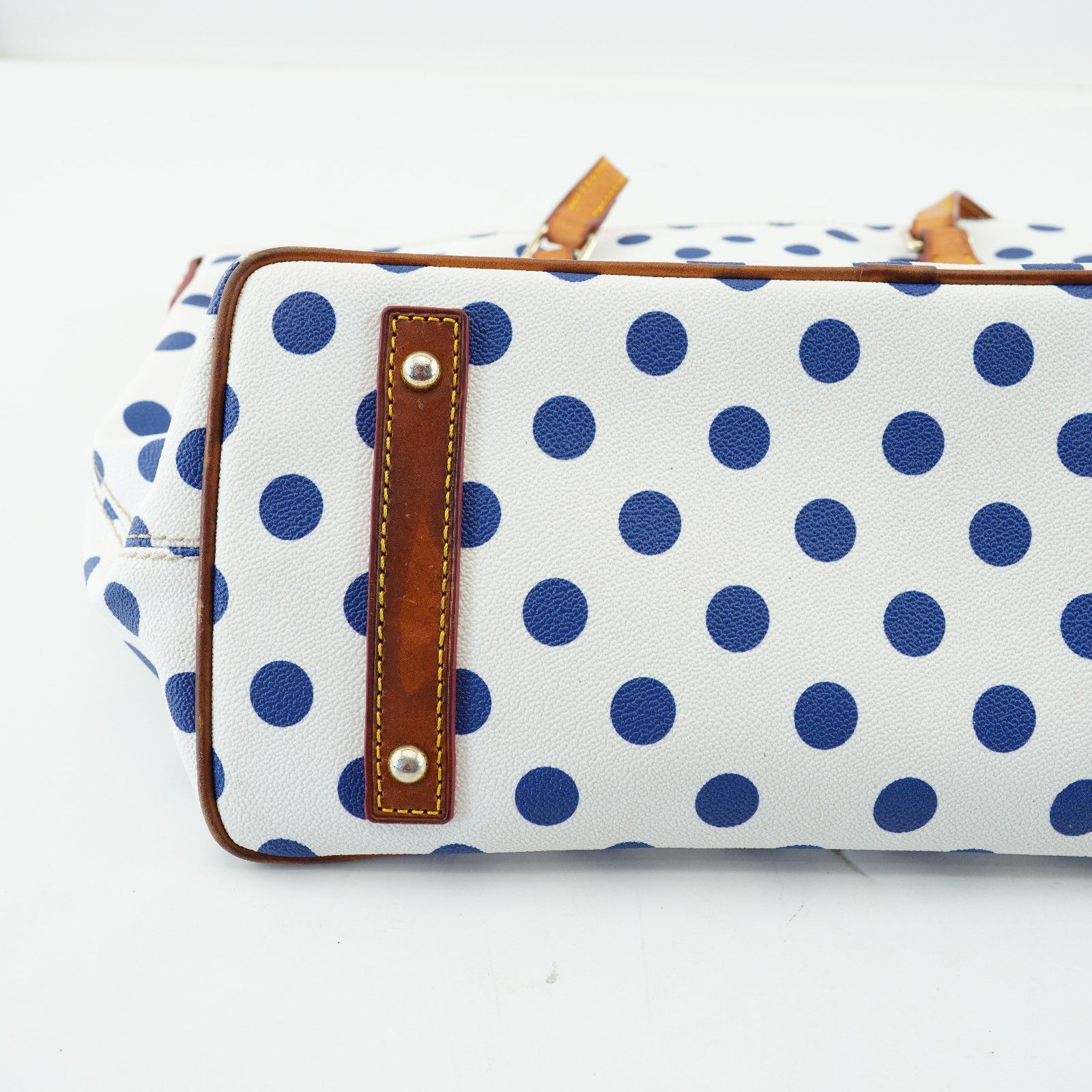 Dooney & Bourke White Blue Polka Dot Geena Satchel Wrist Tan Handles