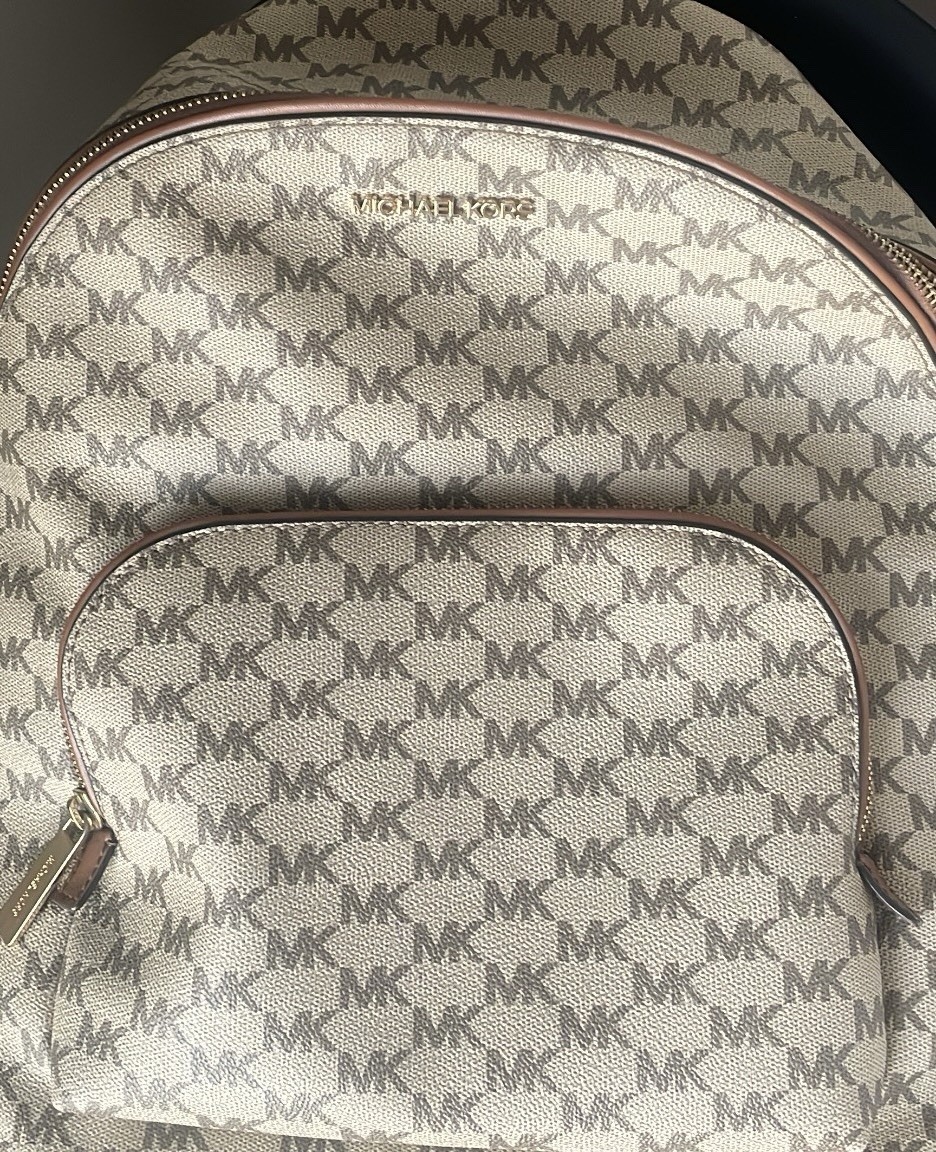 Michael Kors Logo Backpack Beige/Brown Zip Closure Gold Hardware Front Pocket