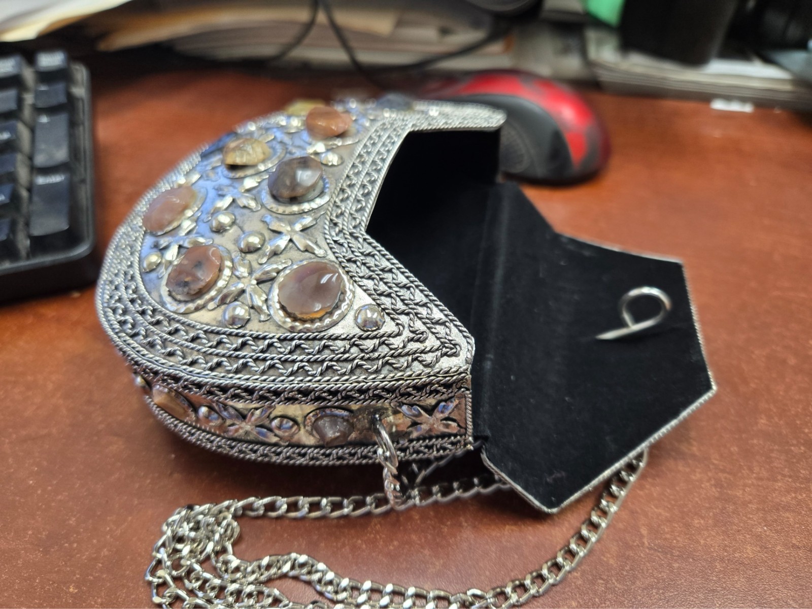 HANDMADE GEMSTONE CLUTCH VINTAGE BRASS METAL PURSE