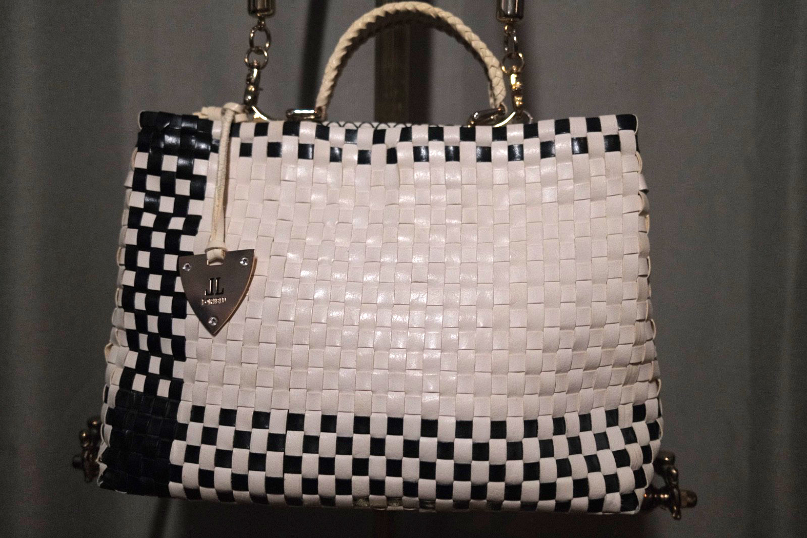 Loriblu Italy Black & White Woven Leather Tote Bag Checker Top Handle