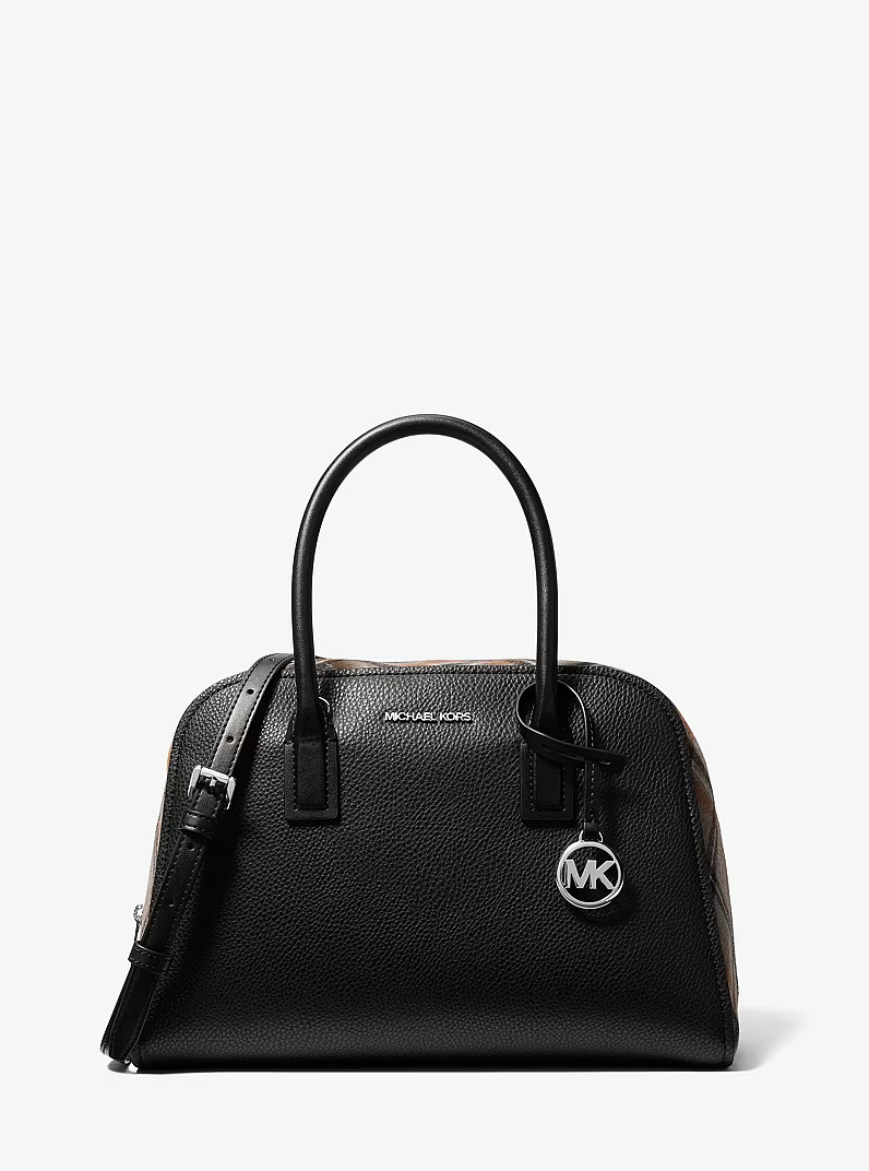 Michael Kors Ashton Medium Smooth Plaid Wool Satchel Black