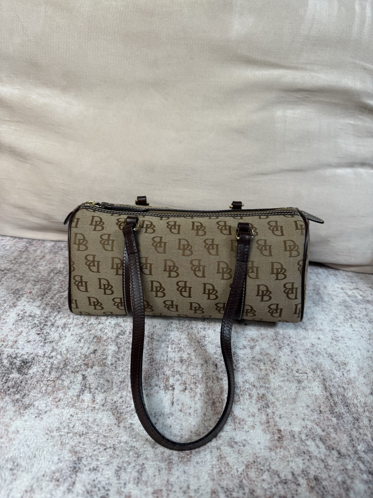 VTG Dooney & Bourke Signature Monogram Barrel Bag Canvas Leather Trim Brown Y2K