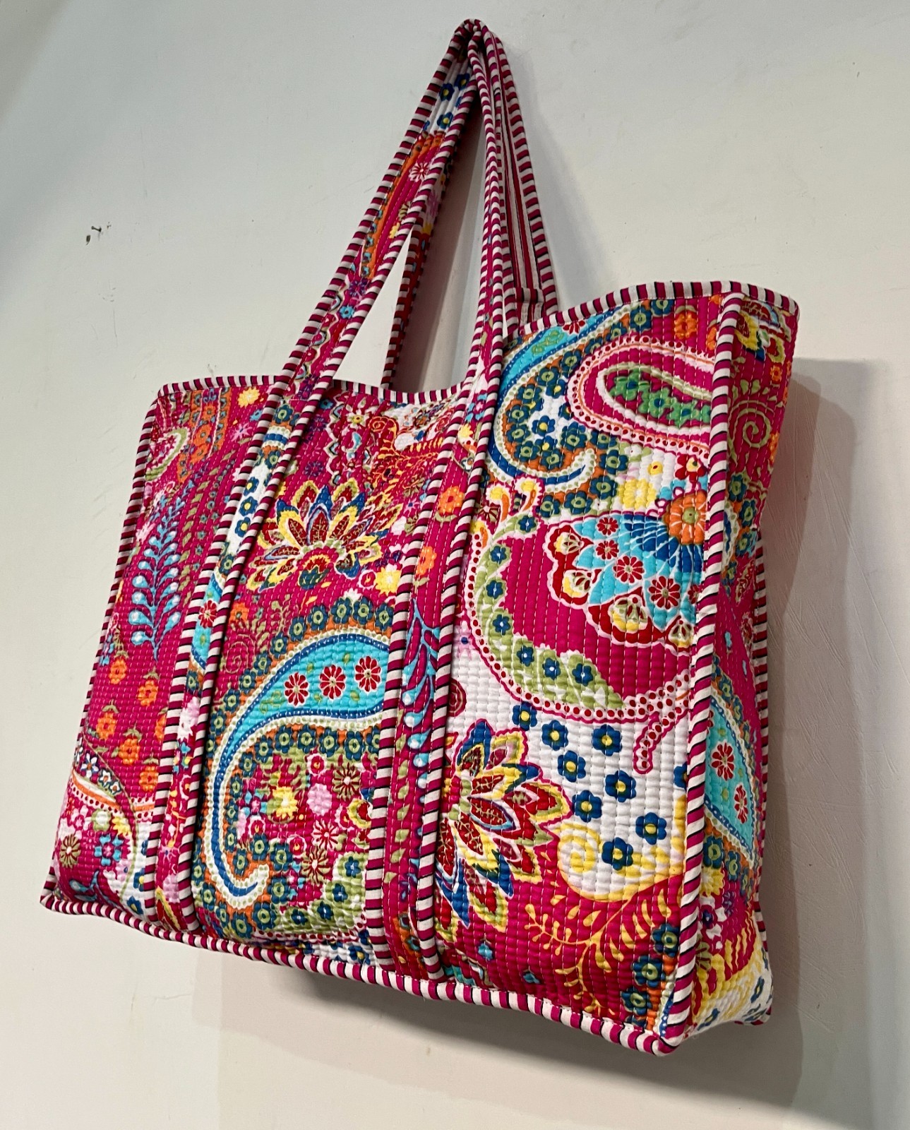 Indian Pink Paisley Printed Quilt Shoulder Bag Women’s Beach Cotton Handbag US