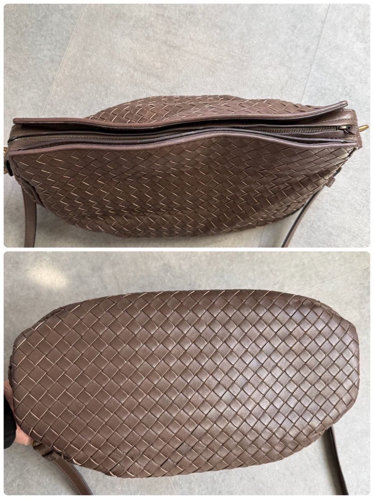 Bottega Veneta Intrecciato Brown Leather Shoulder Bag Antique Gold Zip Auth Ital