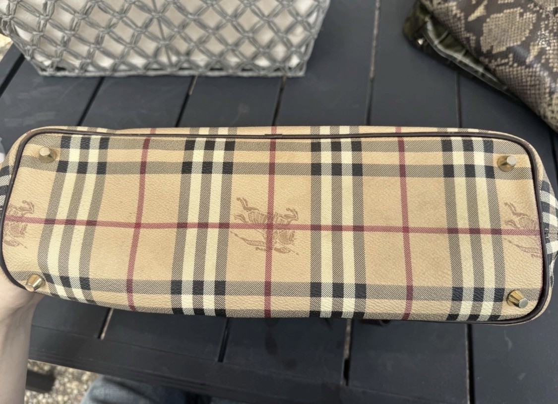 Authentic Burberry Haymarket Check Tote Shoulder Bag with Bottom Studs