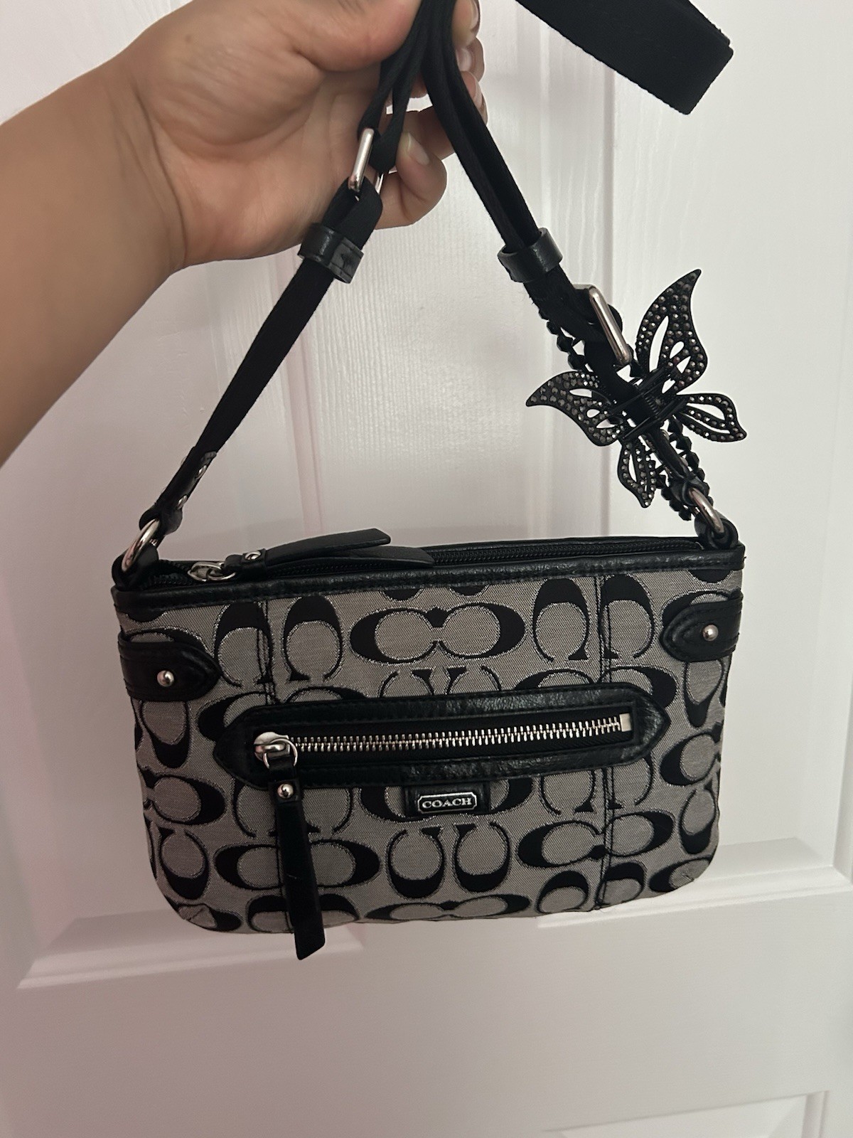 Coach Gray/Black Logo Shoulder Bag Small Zip, Adjustable Crossbody Strap