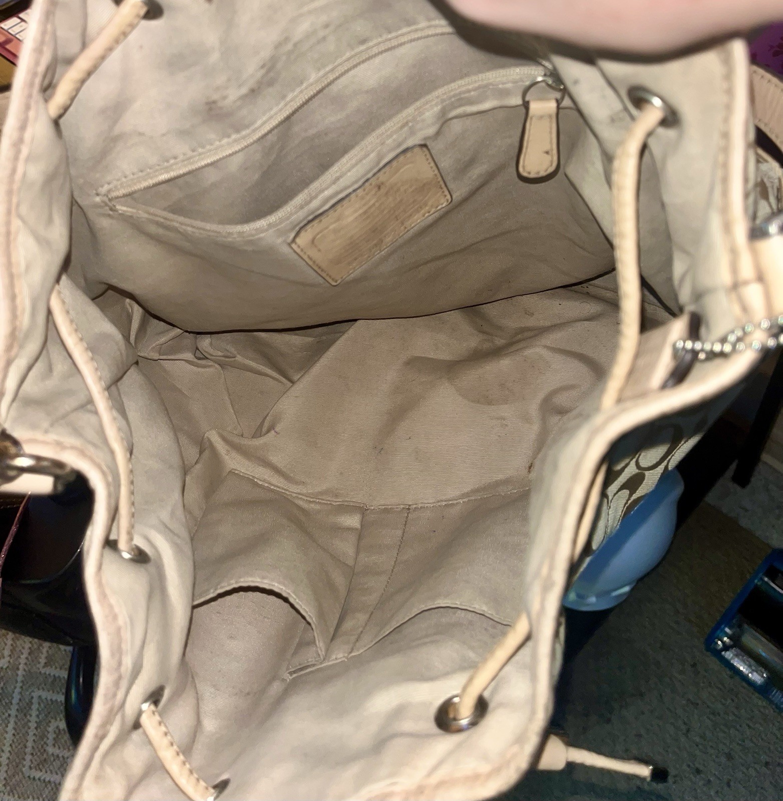 Coach Beige Pink Monogram Bucket Shoulder Bag Drawstring, Zip Wristlet, Gold
