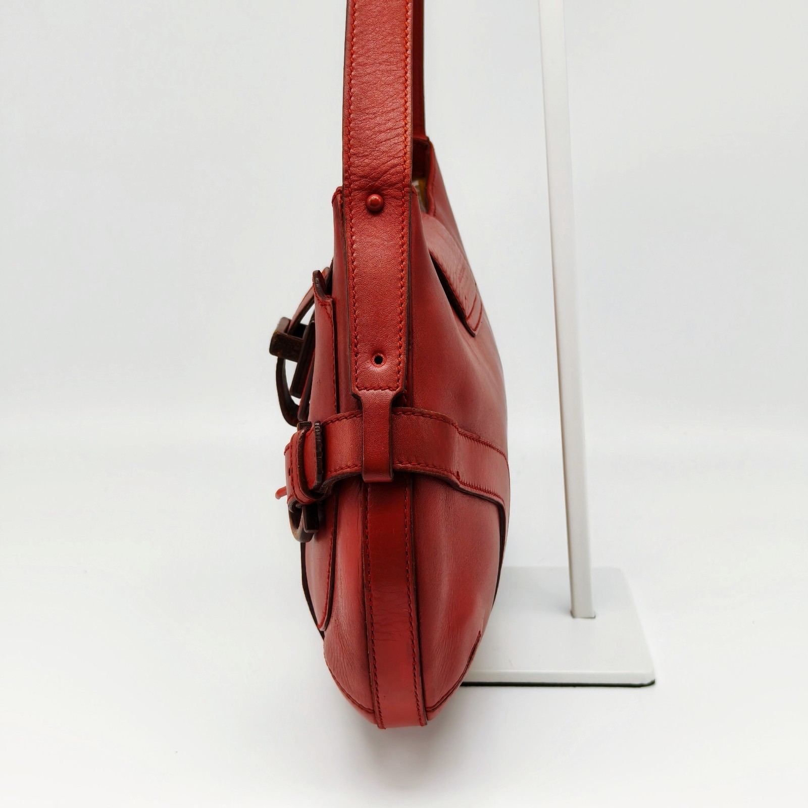 Salvatore Ferragamo Vintage Red Leather Shoulder Bag Wood Gancini Buckle