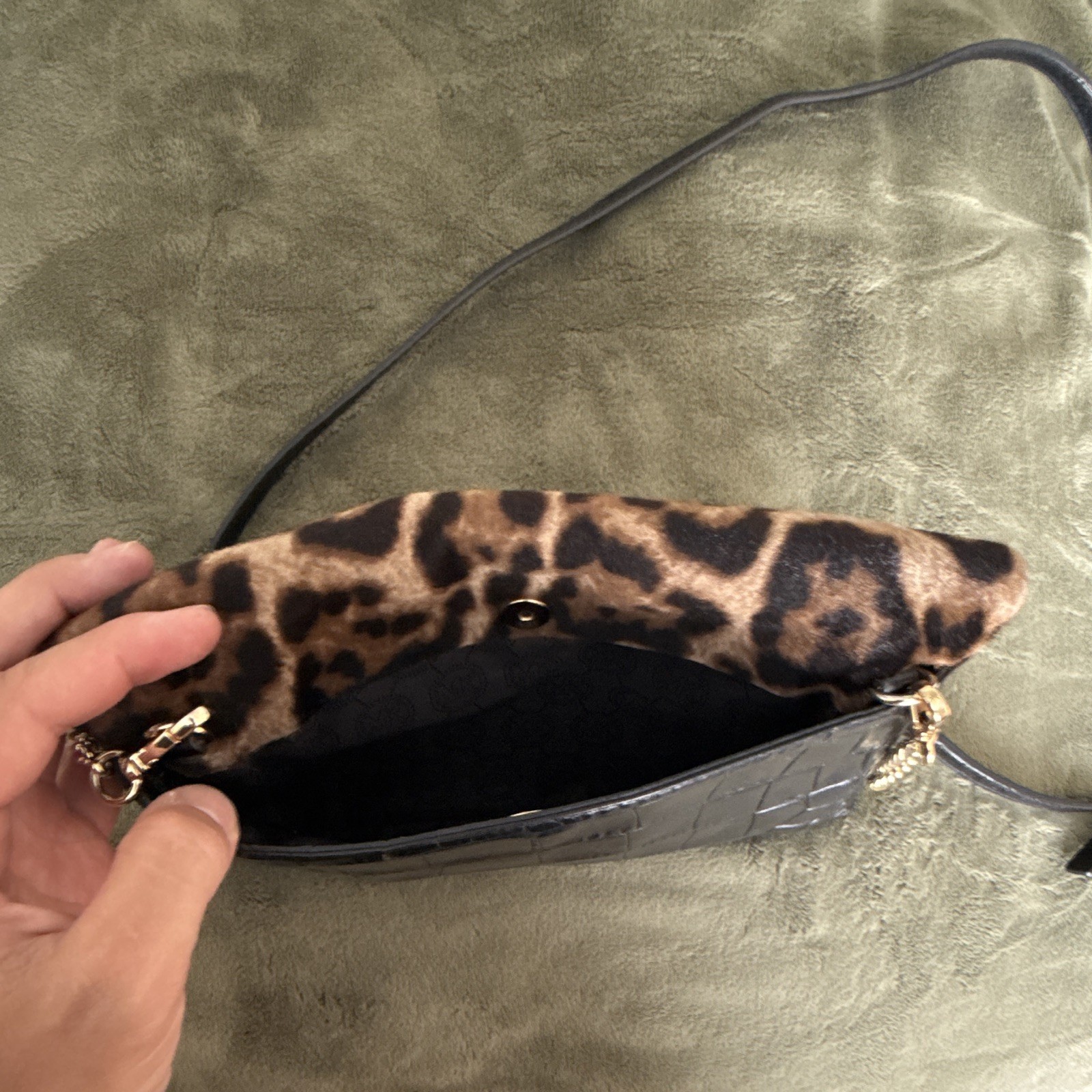 Michael Kors Leopard Print Croc-Embossed Small Crossbody, Chain Strap Zip