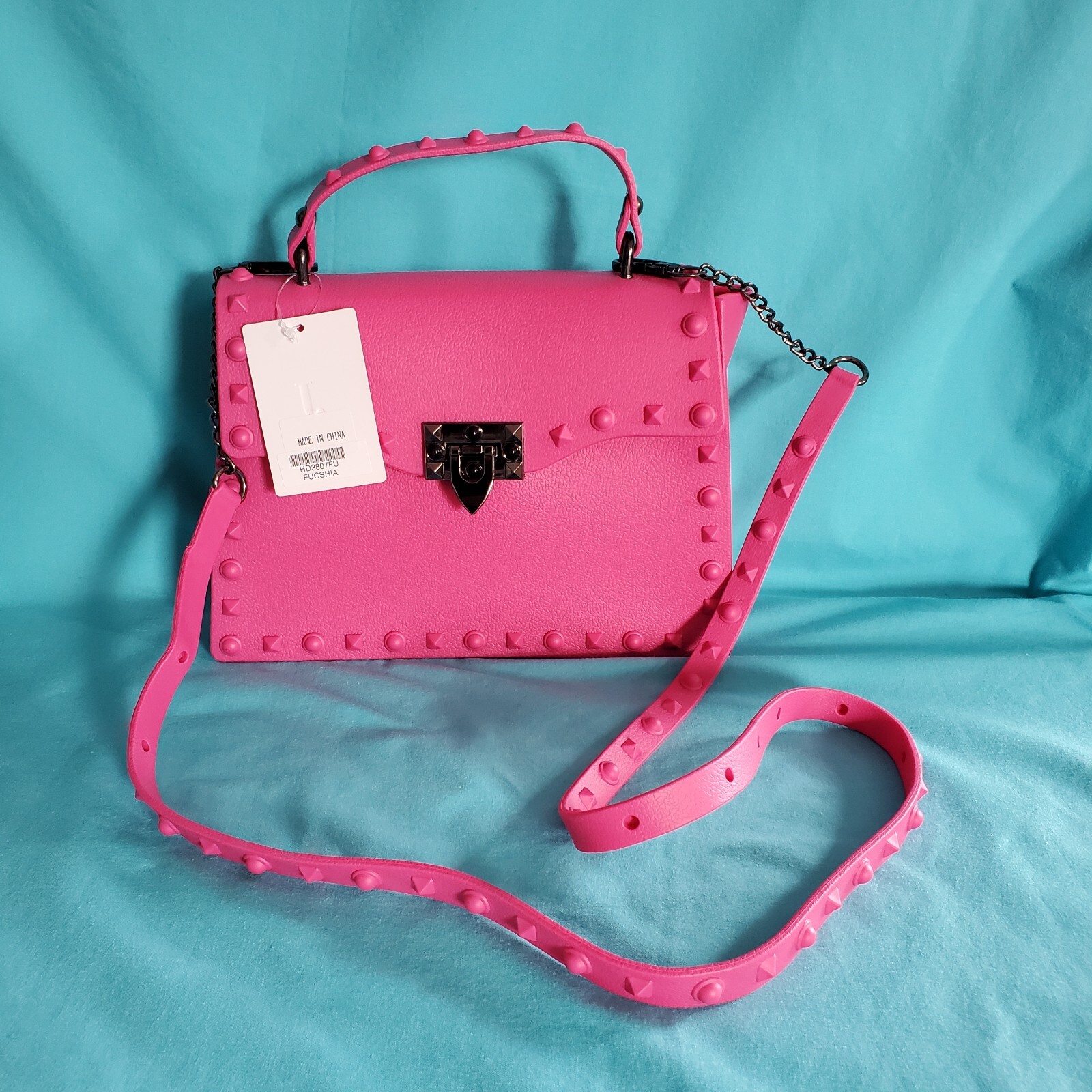 NWT Womens J Fuchsia Jelly Spike Design Hand Bag and Detachable Shoulder Strap