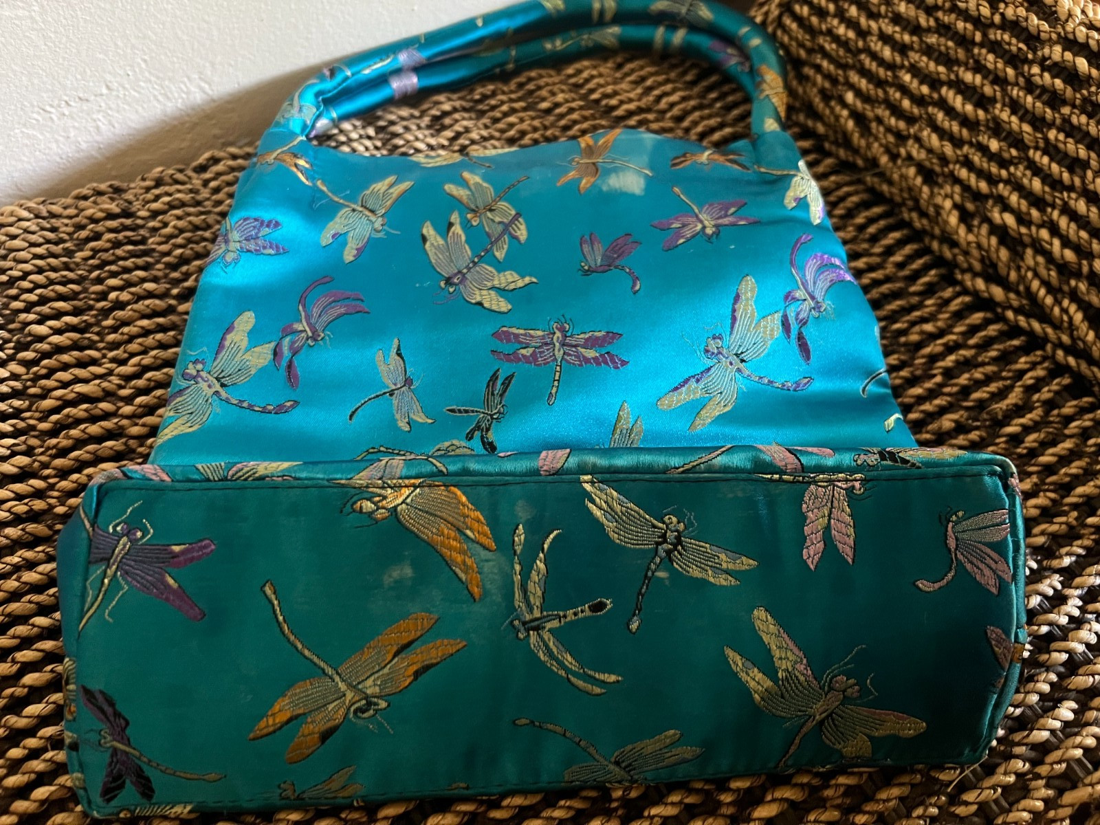 Vintage Asian Silk Brocade Fabric Bag Blue with gold fabric Dragonflies – handle