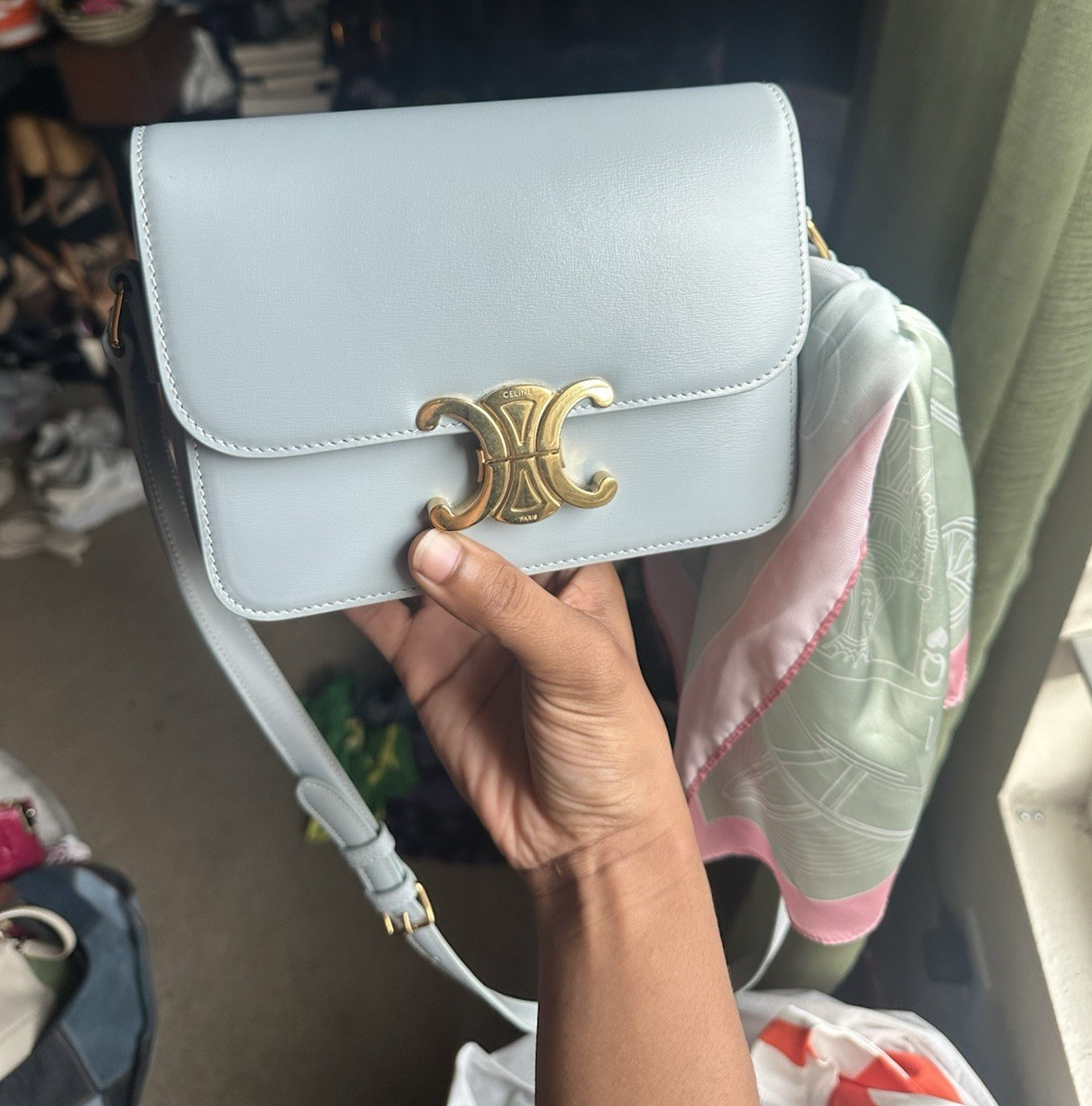 CELINE Soft Blue Teen Triomphe Crossbody Bag Shiny Calfskin w/ Scarf