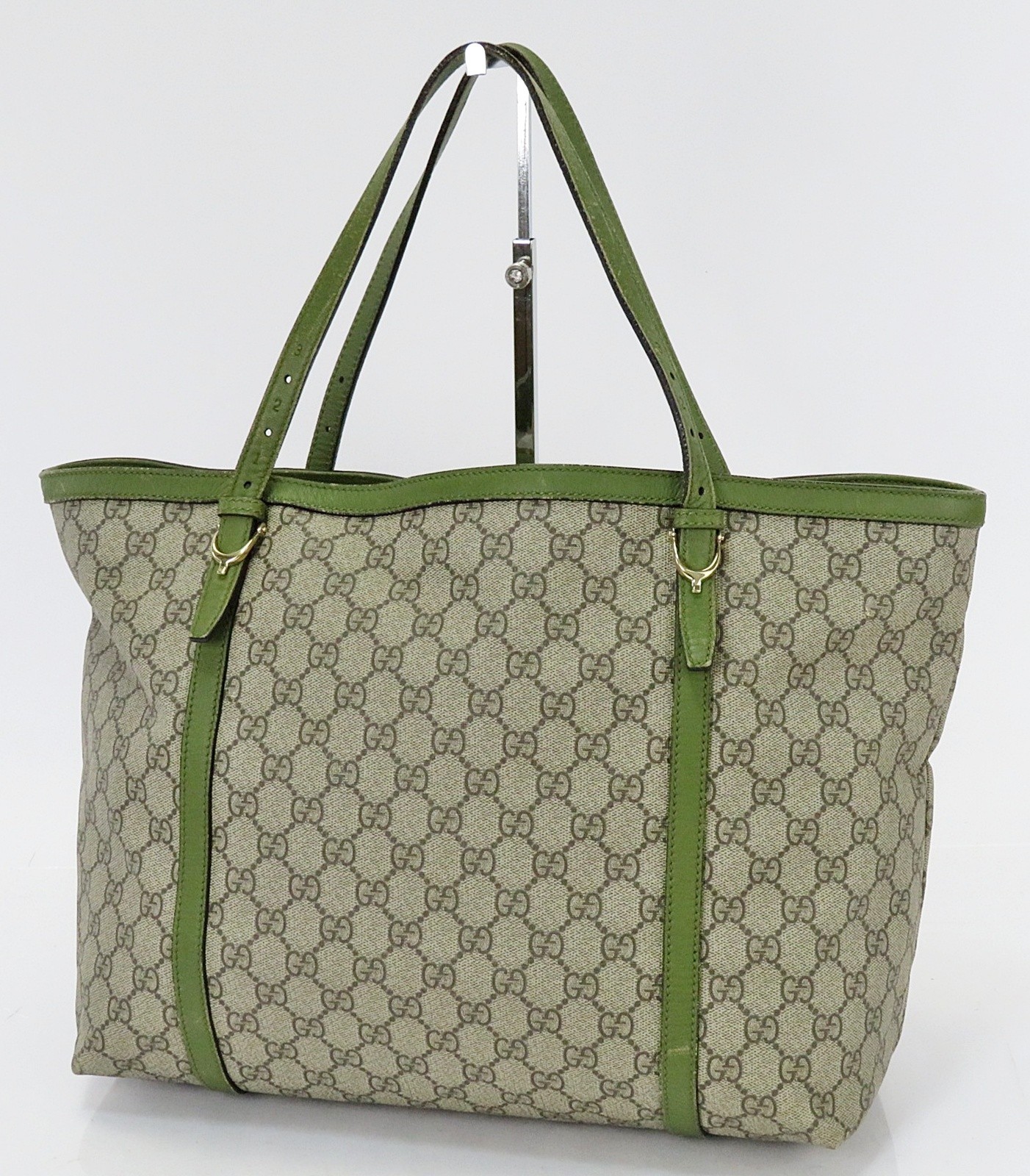 Auth GUCCI Brown GG PVC Canvas Supreme and Green Leather Tote Bag Purse #61869