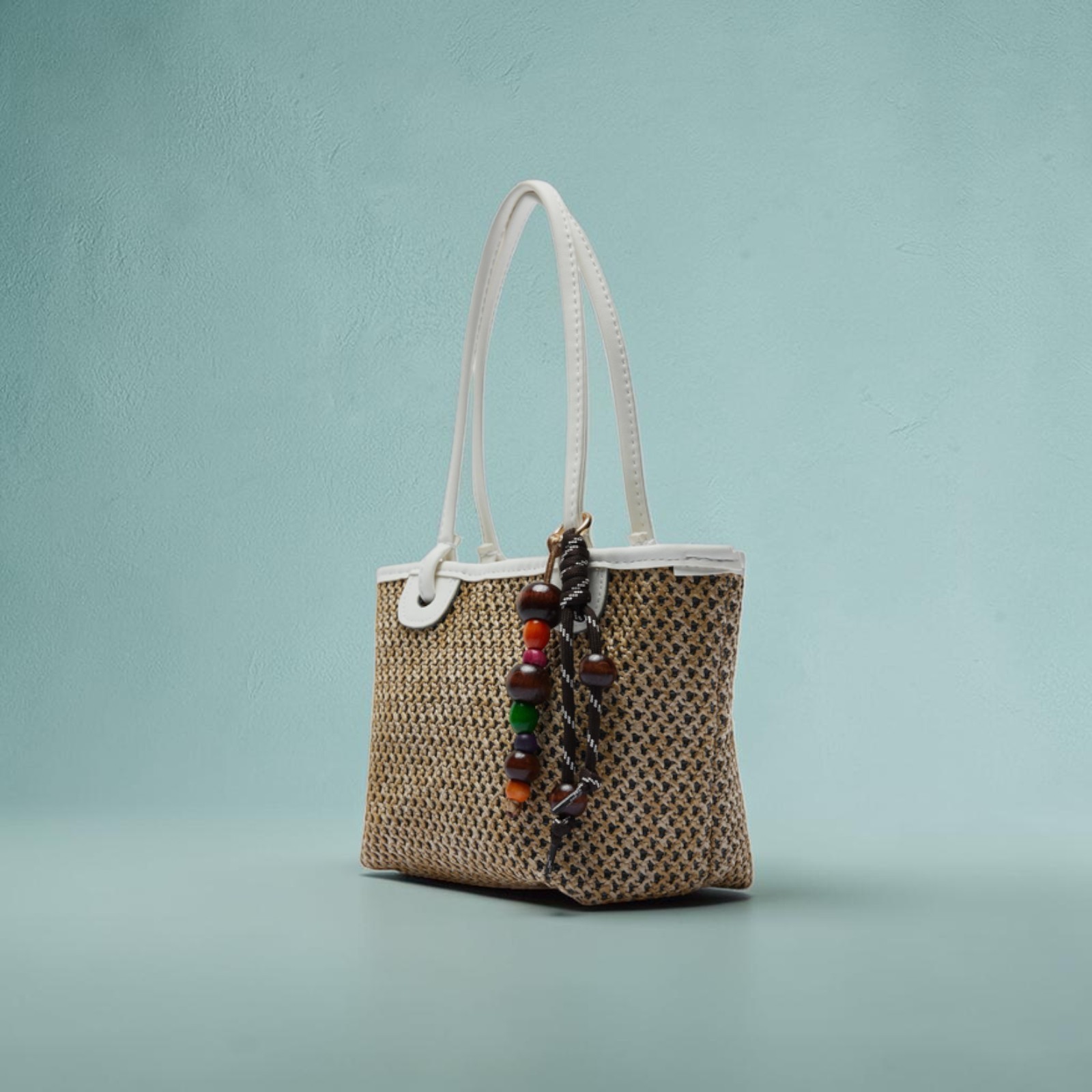Roen Straw Shoulder Bag for Women Woven Faux Leather Handbag with Charm